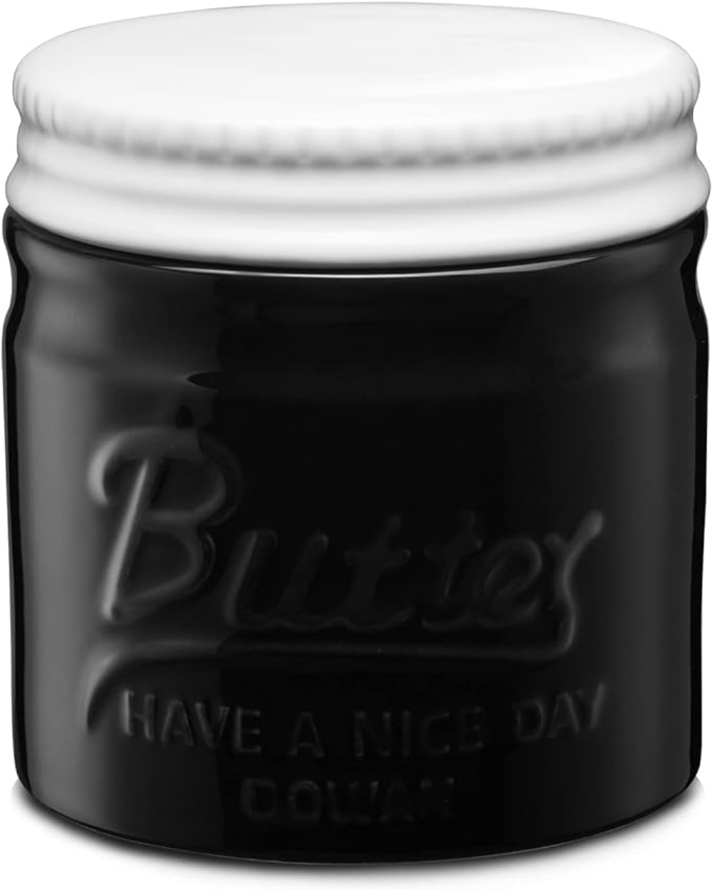 Un barattolo di burro nero con coperchio bianco. Il barattolo ha la parola "Butter" e le parole "Have a nice day".