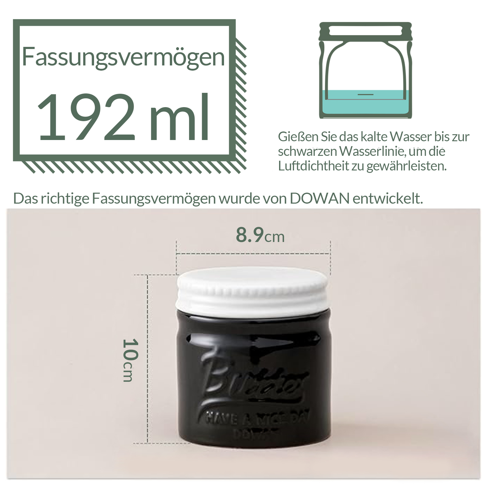Burriera nera con coperchio bianco, capacità di 192 ml, dimensioni di 8,9 cm e 10 cm.