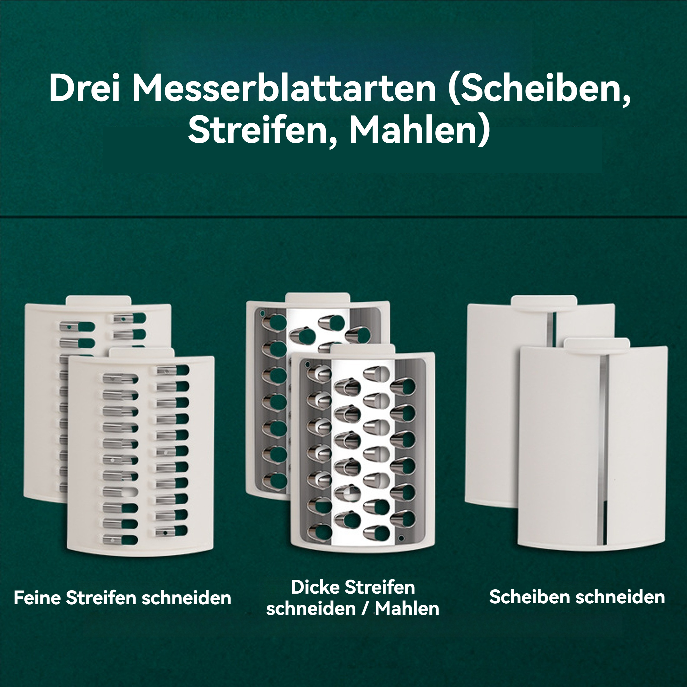 Drei verschiedene Schneiderklingen: feine Streifen, dicke Streifen/Mahlen und Scheiben. Alle sind weiß.