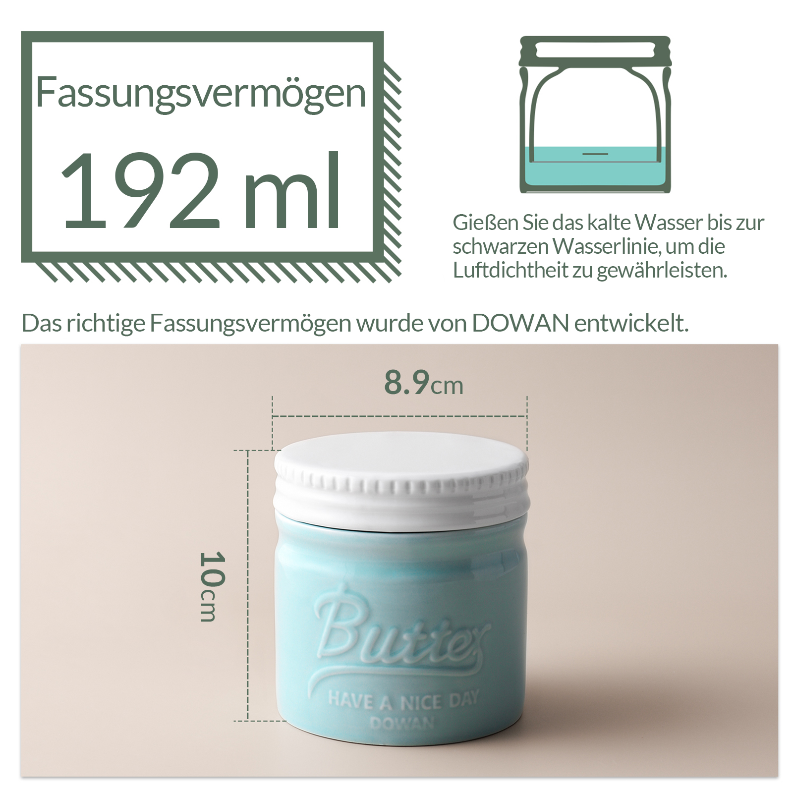 Ein türkisfarbenes Buttergefäß mit weißem Deckel und Maßangaben. Der Text 'Butter' ist auf dem Gefäß geprägt.