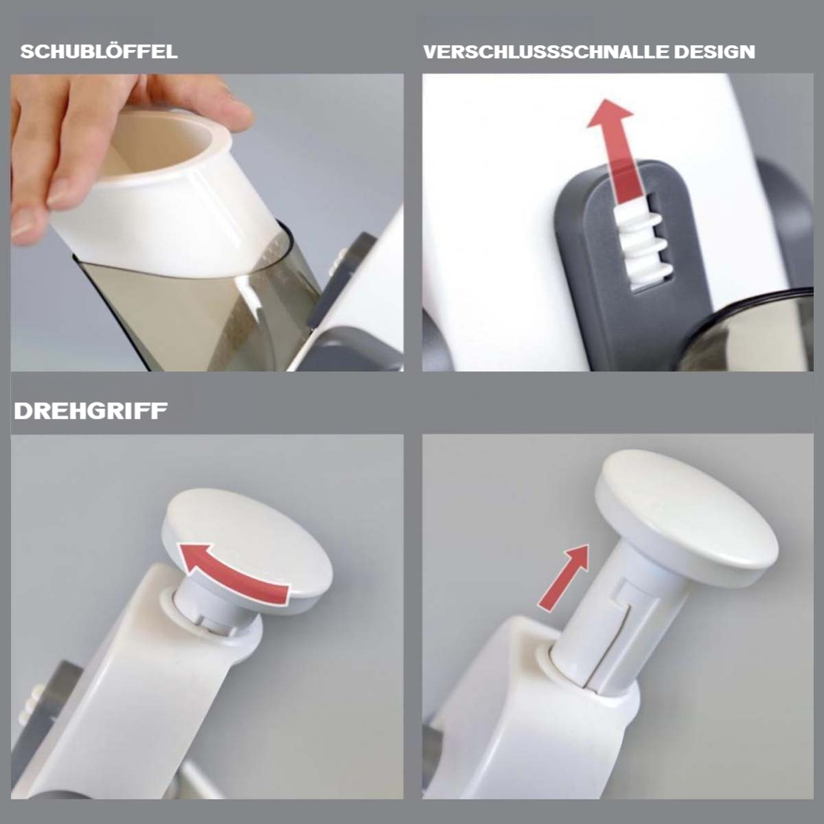 Nahaufnahmen, die Details eines Gemüseschneiders zeigen. Die Bilder zeigen den Griff und den Verriegelungsmechanismus.