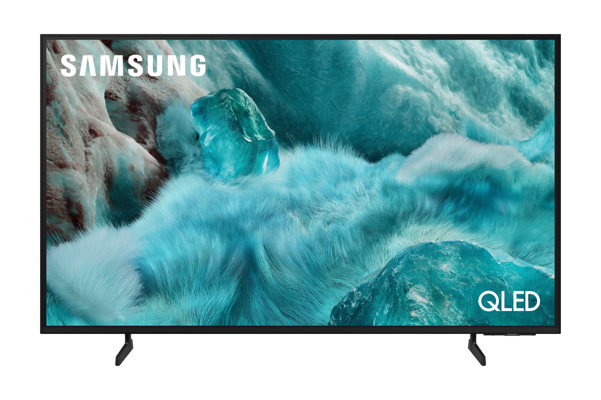 Telewizor Samsung QLED wyświetla niebiesko-biały abstrakcyjny obraz. Ma czarne nóżki i ramkę.