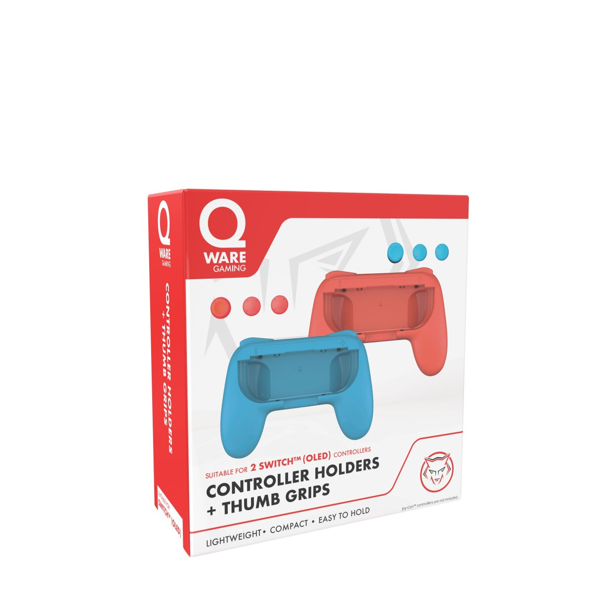 Eine rote und blaue Controller-Halterungsbox mit Controller-Griffen. Die Marke ist Q Ware Gaming.