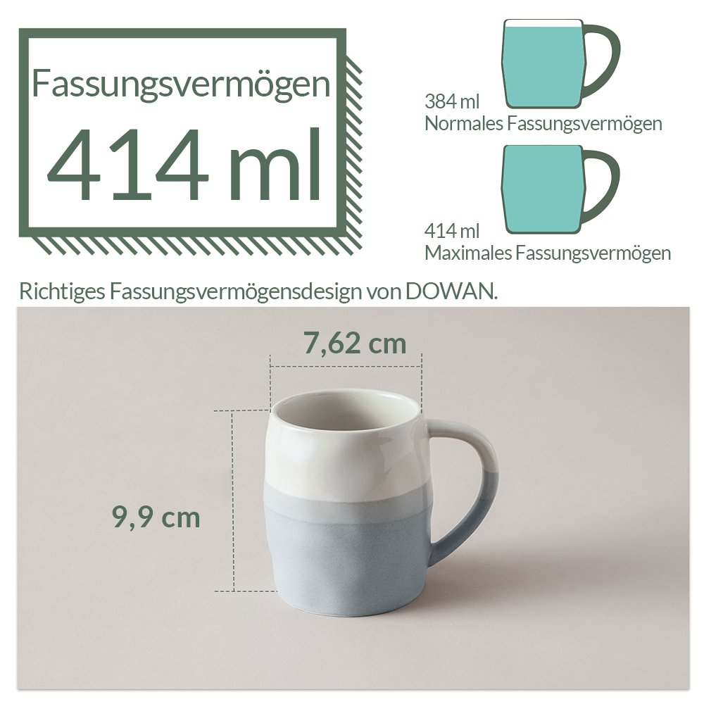 Una tazza bianca e azzurra con manico. Ha una capacità di 414 ml. Le dimensioni sono visualizzate.