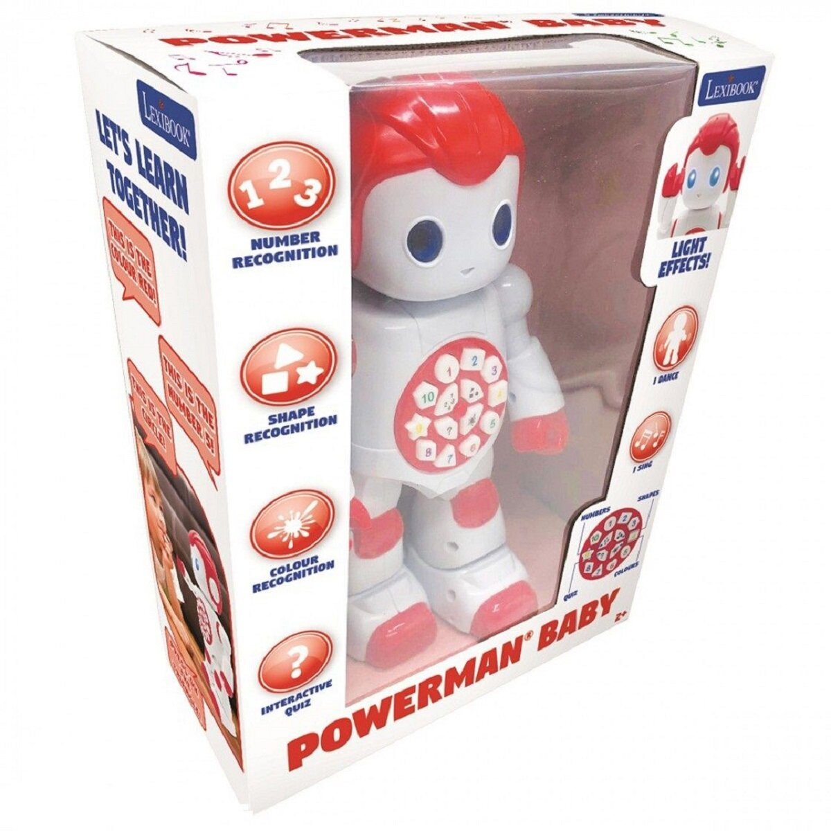 Ein Roboter-Spielzeug in seiner Verpackung. Es ist ein weißer Roboter mit roten Akzenten. Die Box hat Lernaufforderungen.