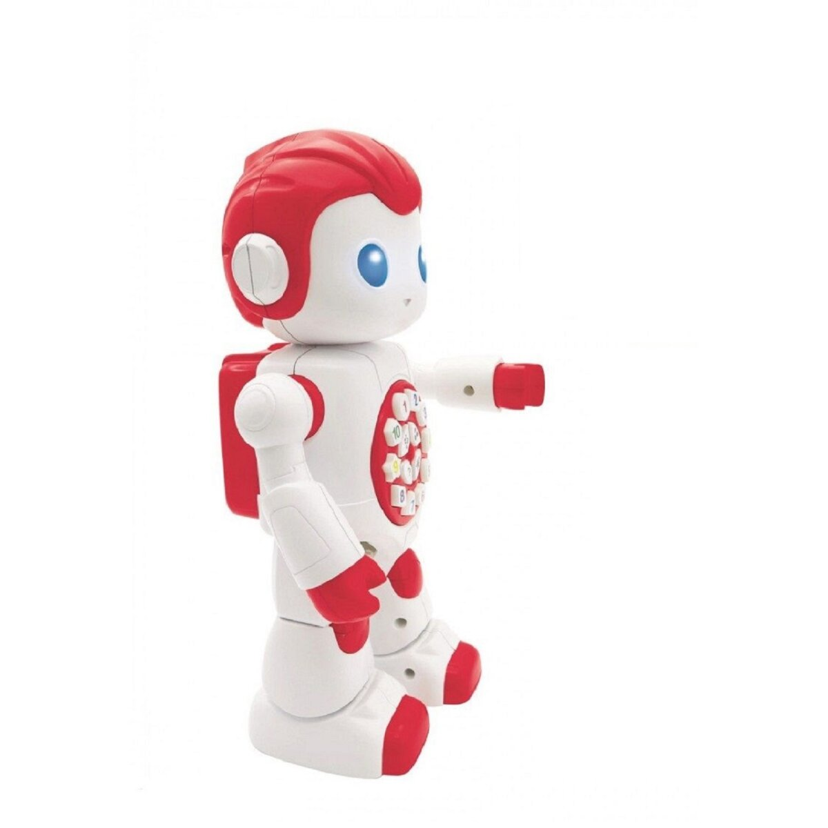 Ein weiß-rotes Roboter-Spielzeug mit Knöpfen und Zahlen, der Arm des Roboters ist ausgestreckt.