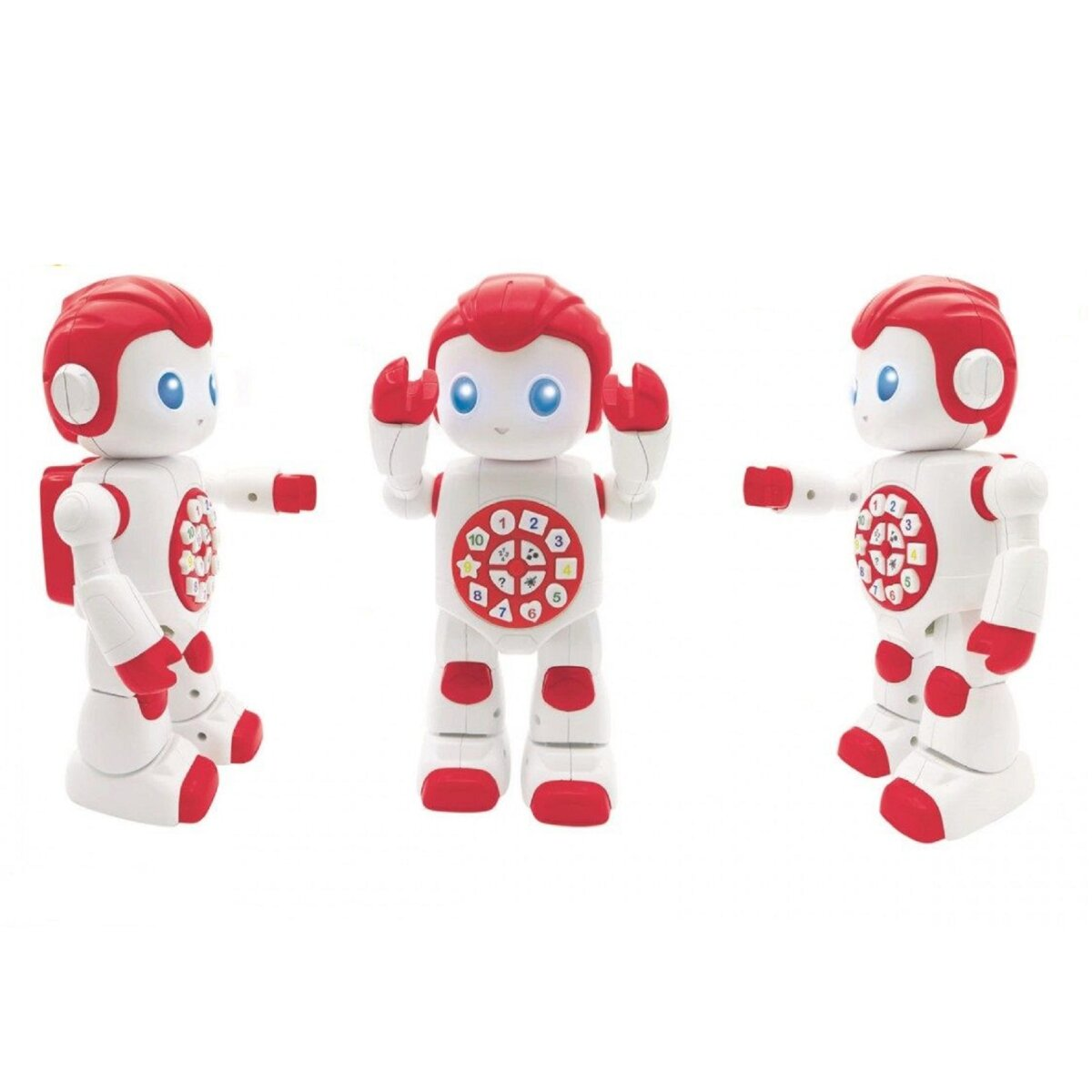 Drei weiße und rote Roboter. Sie haben rote Köpfe und weiße Körper. Sie sind in verschiedenen Posen.