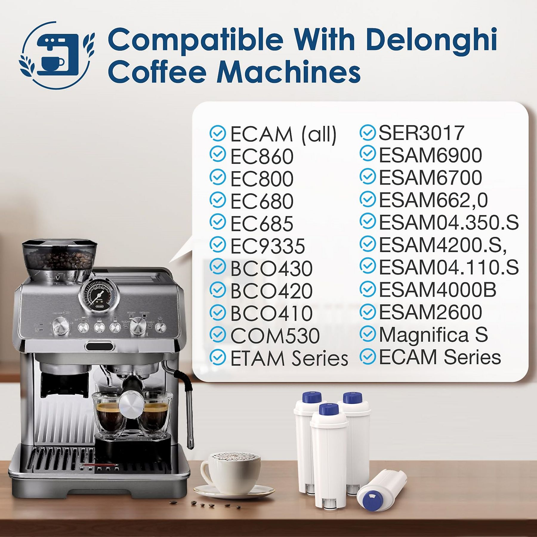 Ein Bild zeigt eine Kaffeemaschine und eine Liste kompatibler Modelle.