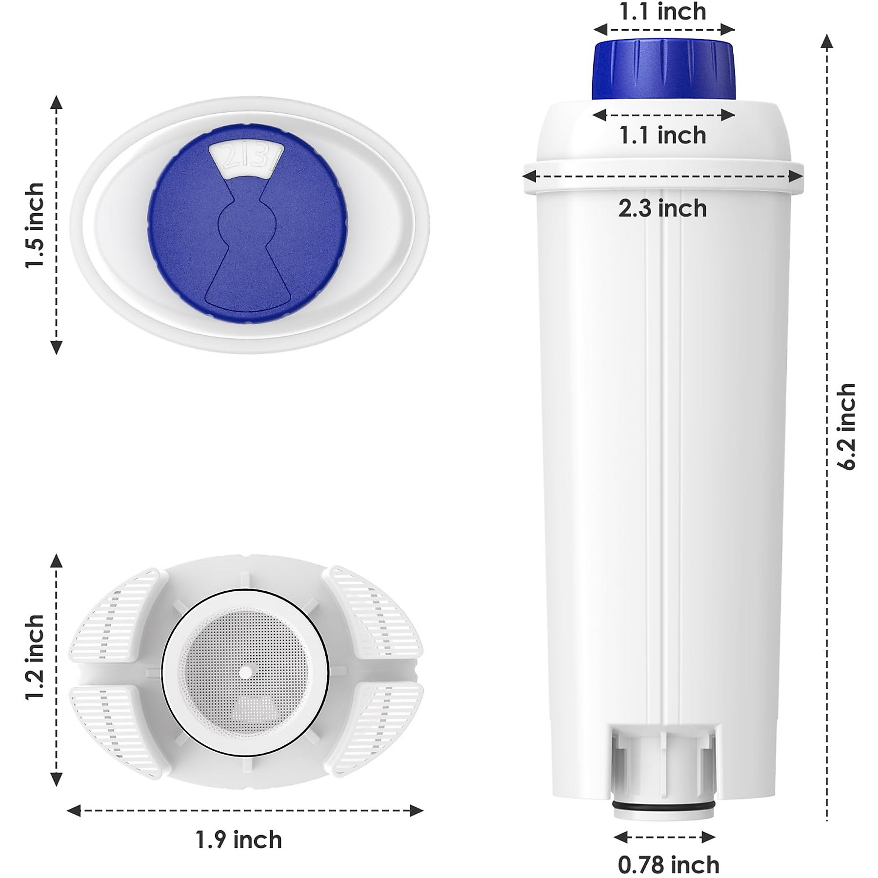 Nahaufnahmen eines Wasserfilters mit Abmessungen verschiedener Teile.
