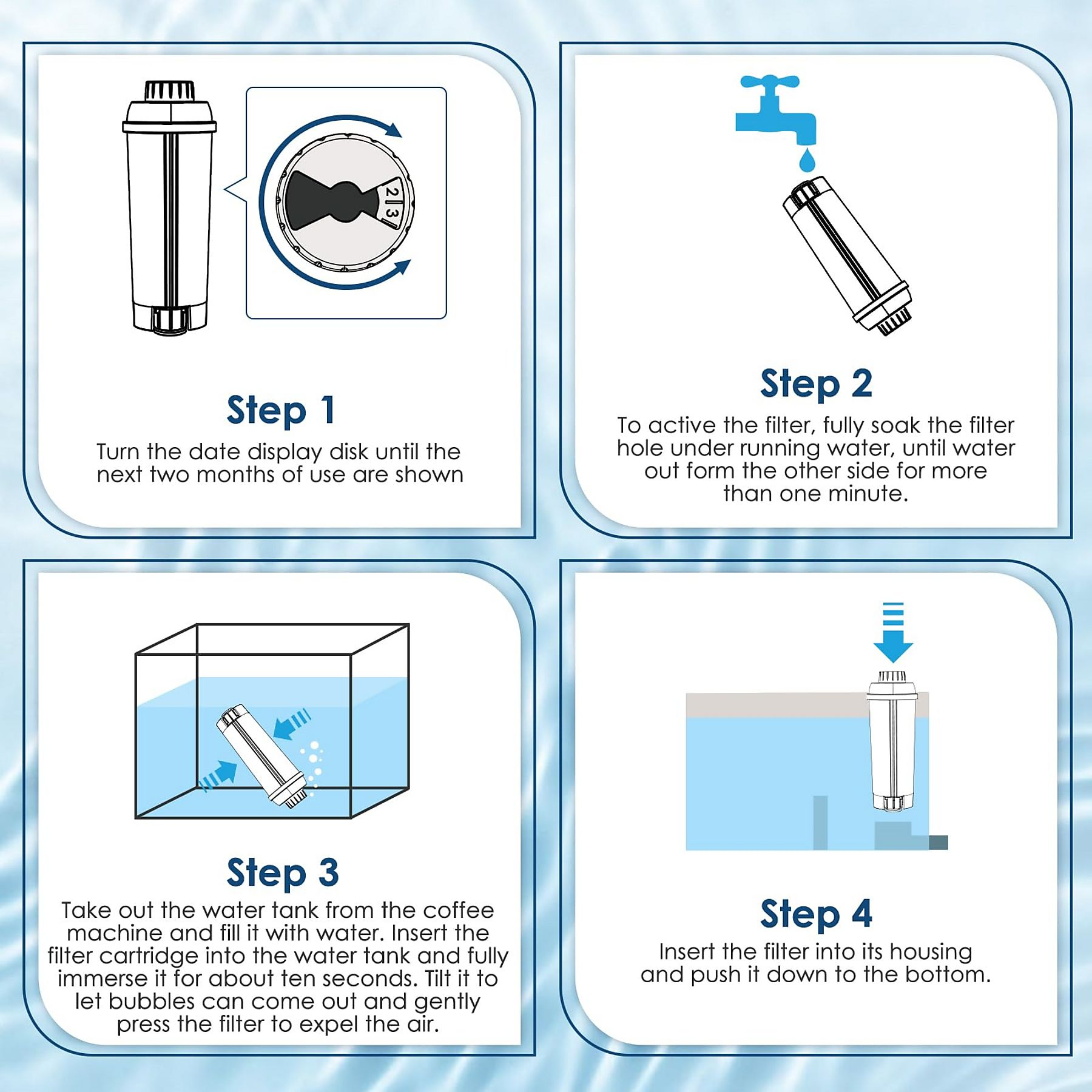 Anleitungsschritte zur Verwendung eines Wasserfilters mit visuellen Hilfsmitteln.