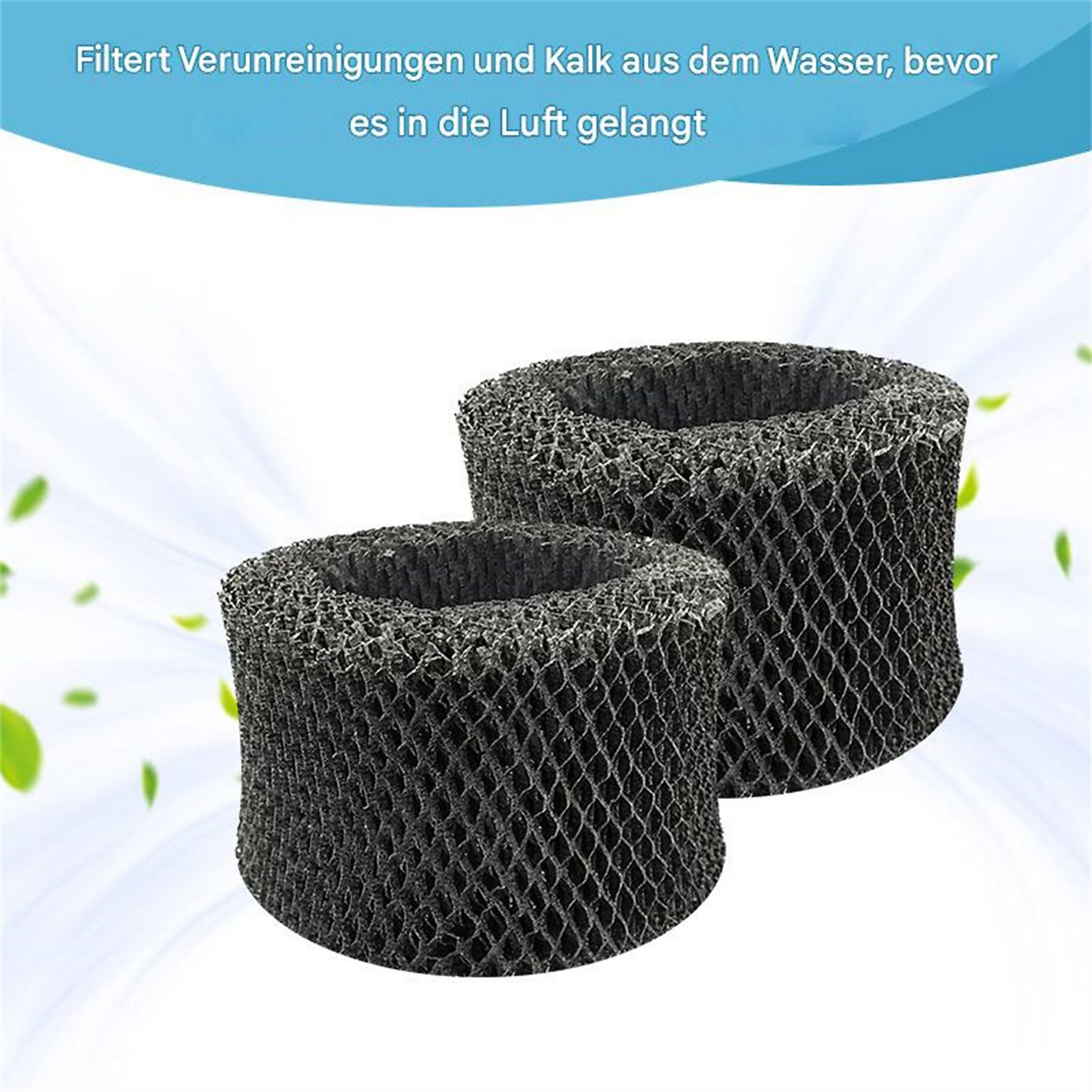 Zwei schwarze zylindrische Luftfilter. Sie haben eine wabenartige Struktur und sind vor hellem Hintergrund gesetzt.
