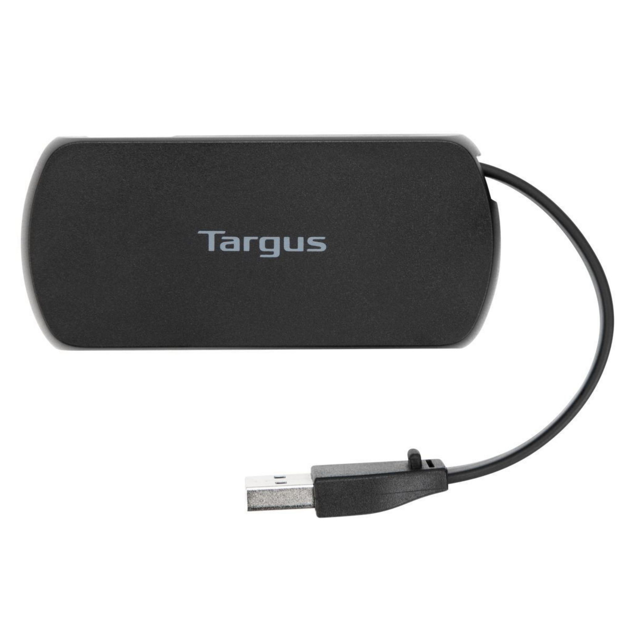 Hub USB Targus negro con 4 puertos y un conector USB.