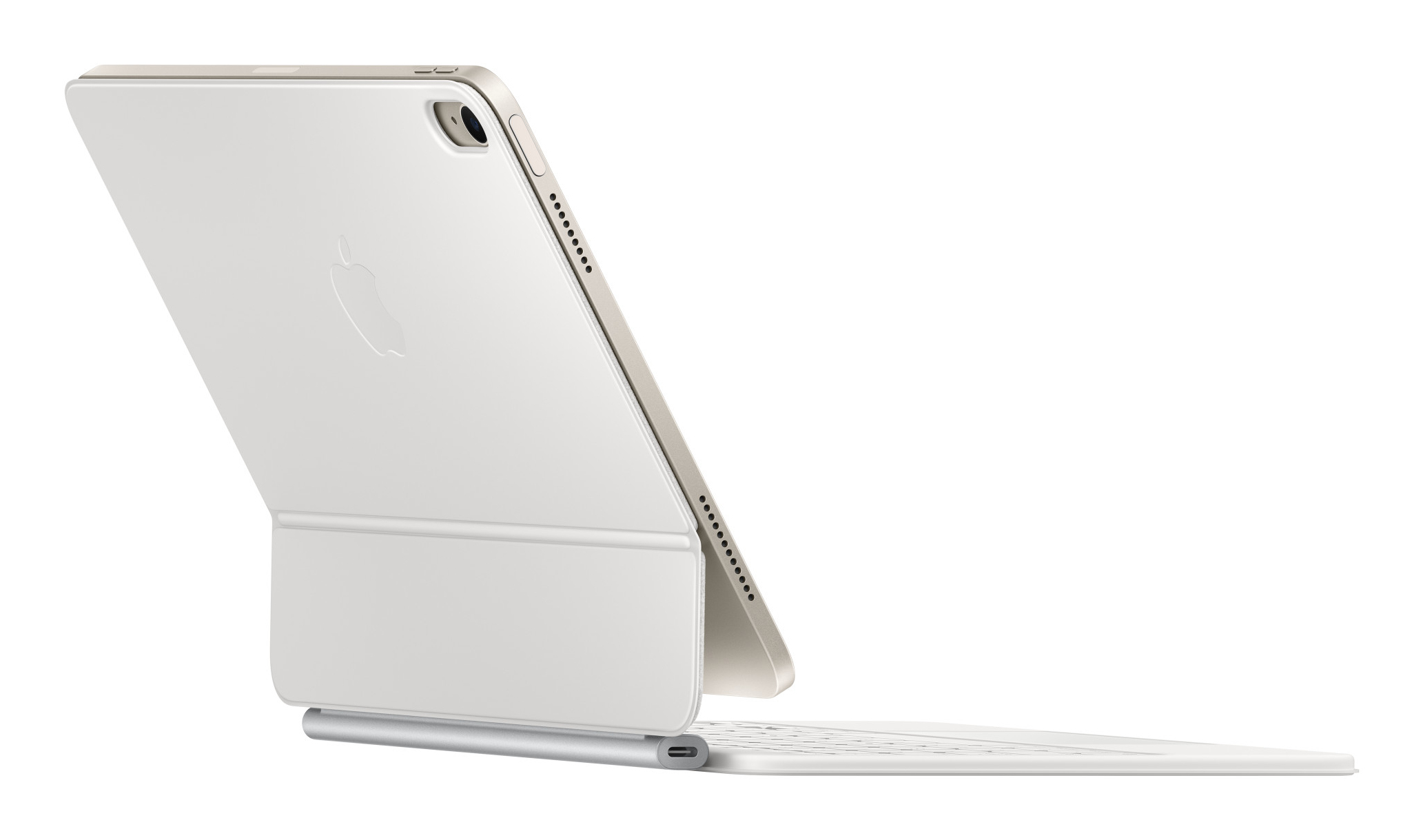 Vista laterale di un tablet bianco con tastiera. Il tablet è sollevato, la tastiera è piatta.
