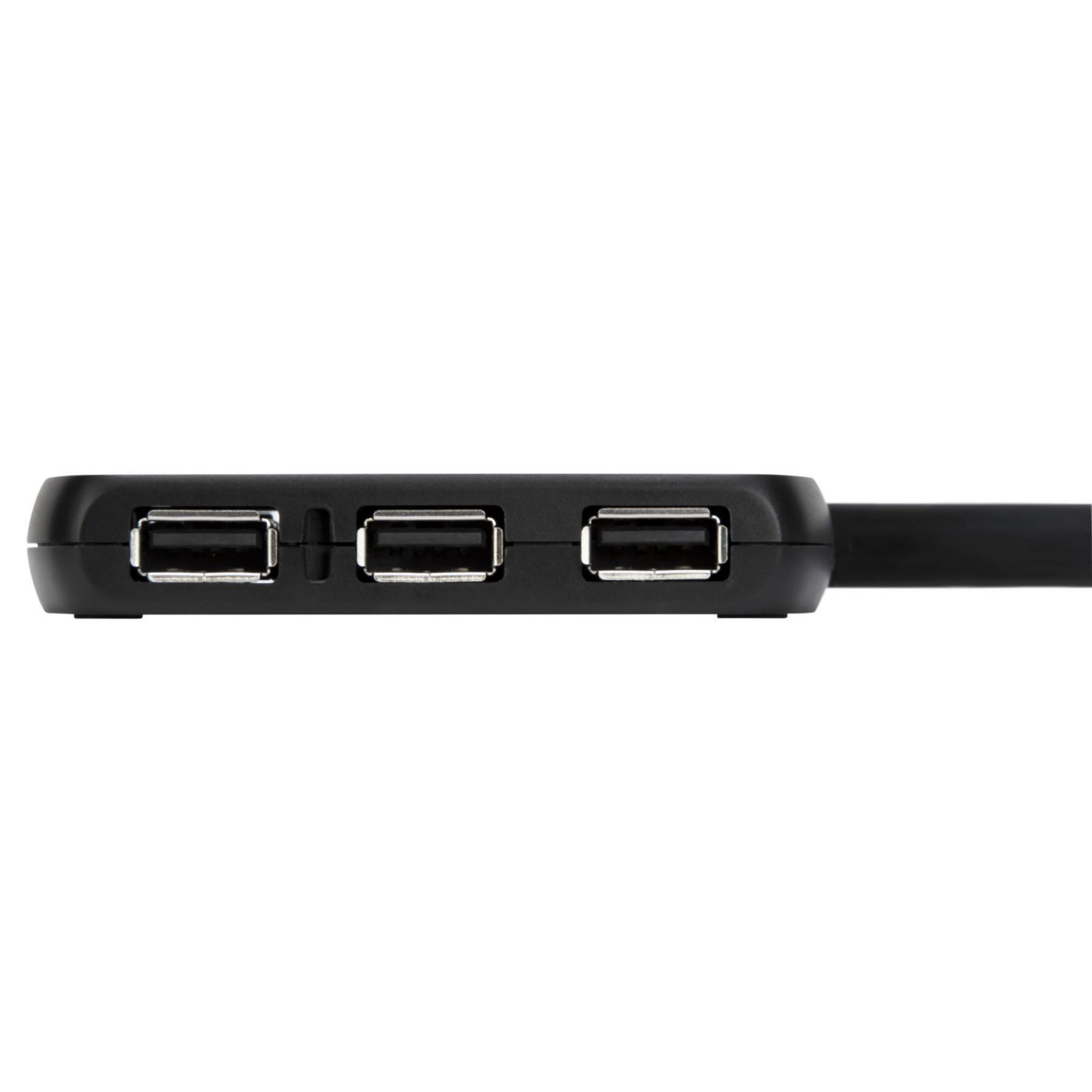 Hub USB negro con 3 puertos y un cable negro.