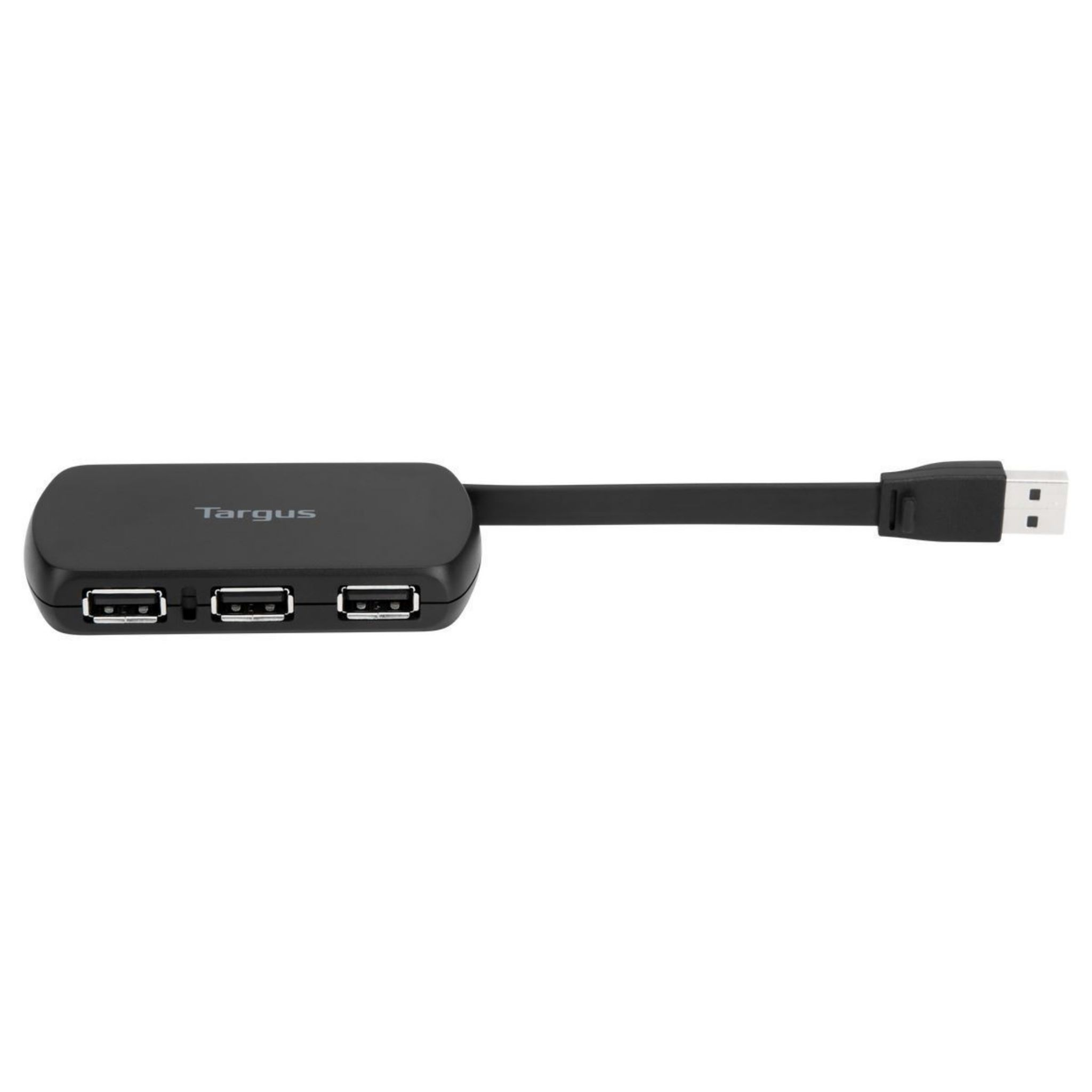 Hub USB negro con 3 puertos y un conector USB.