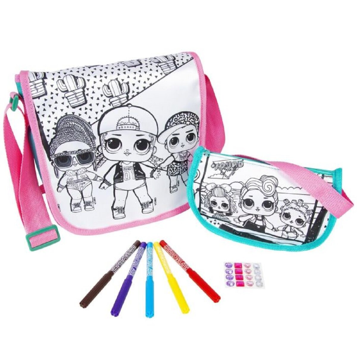 Zwei LOL-Puppen-Taschen, eine große und eine kleine. Marker und Edelsteine zum Ausmalen der Taschen sind enthalten.