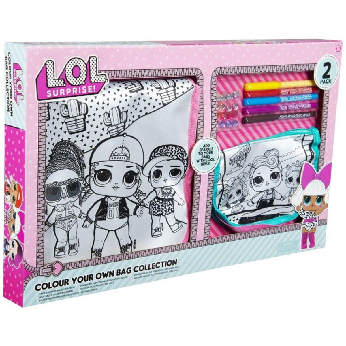 Ein pinkfarbenes LOL Surprise Malbeutel-Set mit Markern und einer Tasche mit Zeichnungen von Puppen. Auf der Box steht 'Colour Your Own Bag'.