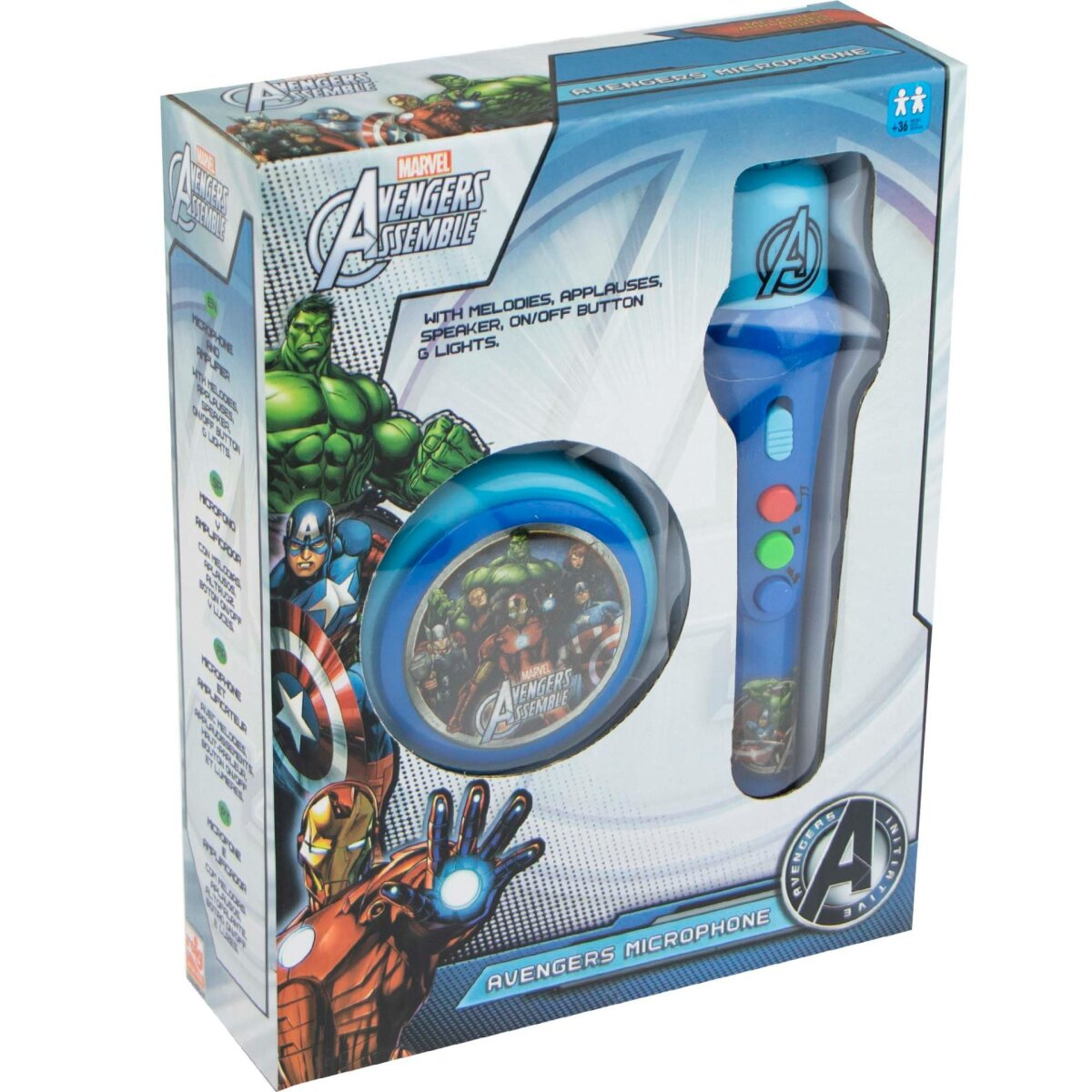Ein verpacktes Avengers-Mikrofonspielzeug. Die Box zeigt Avengers-Charaktere und das Mikrofon selbst.