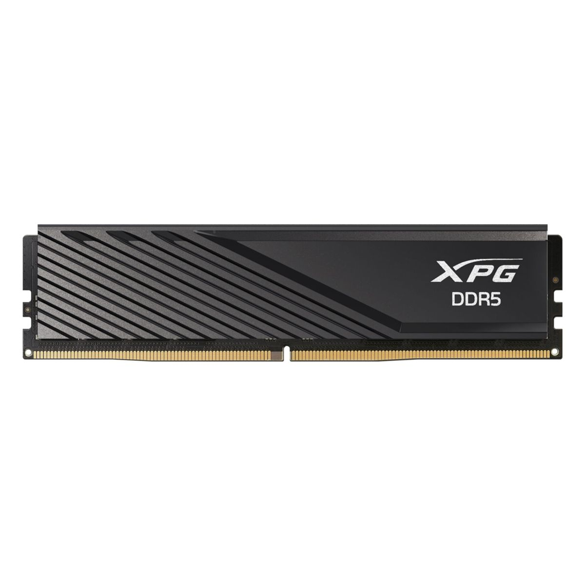 Czarny moduł RAM z logo XPG DDR5 na białym tle.