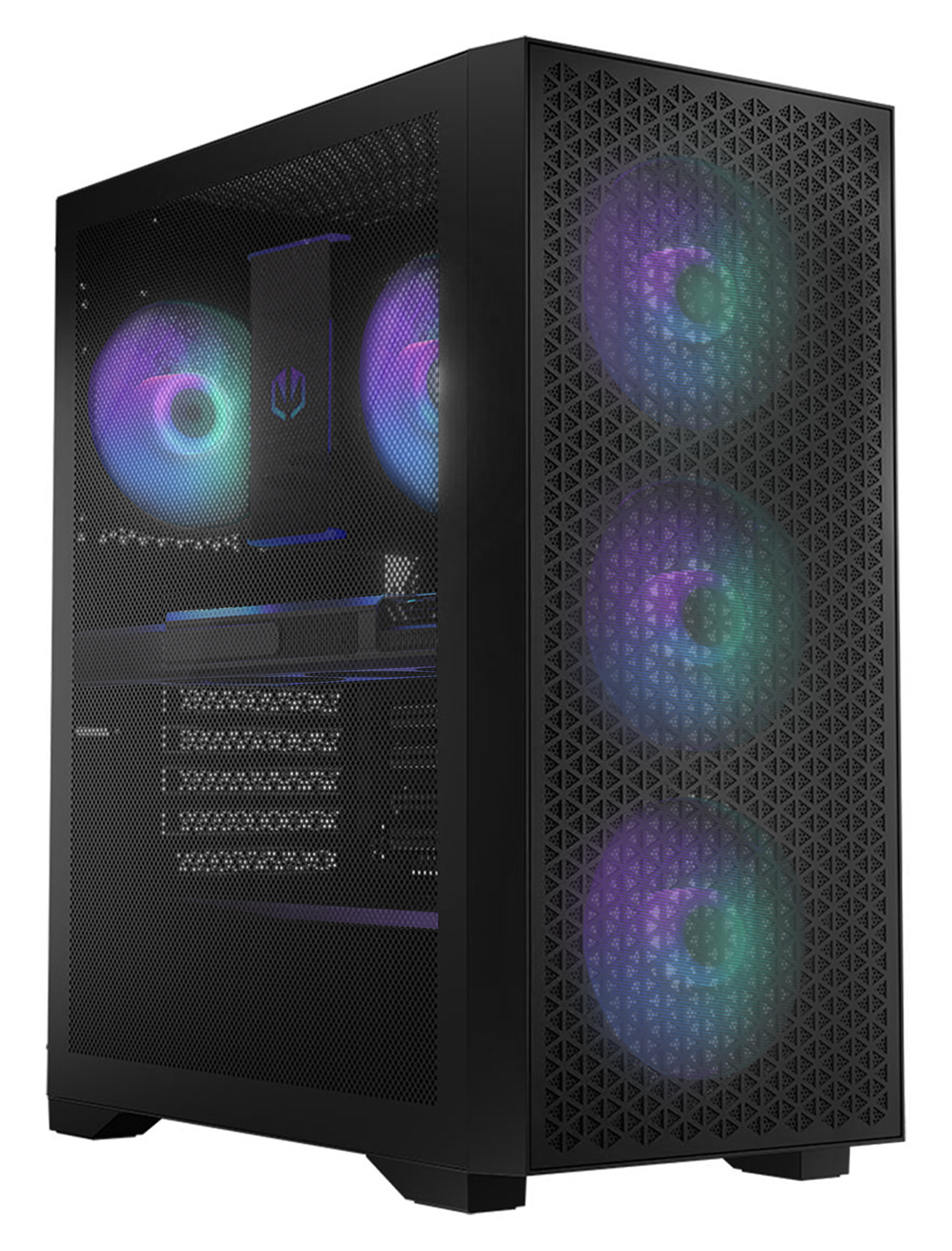 Un case per computer nero con componenti interni e tre ventole con luci arcobaleno.