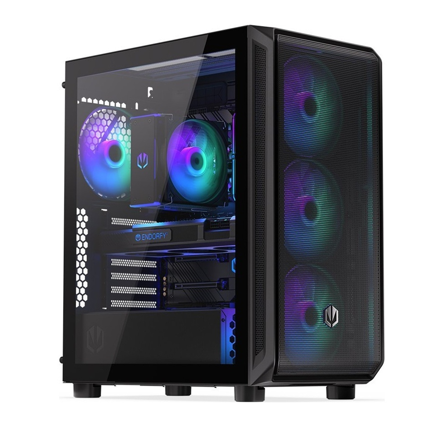 Un case per computer nero con componenti interni e ventole illuminate da luci arcobaleno, visto di sbieco.