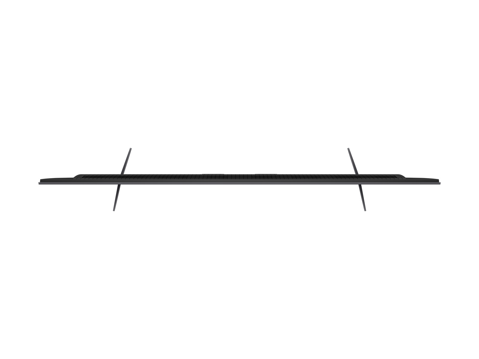 TV dall'alto, schermo nero, cornice sottile, due supporti, sfondo bianco.