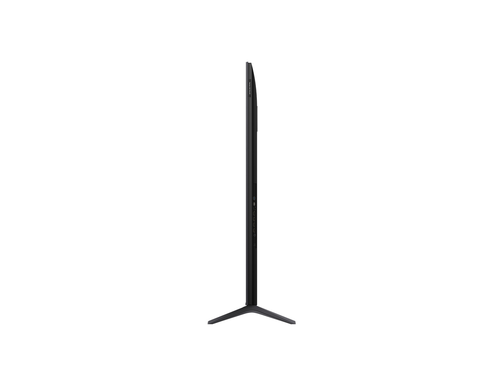 Un'elegante TV nera vista di lato, in piedi su un paio di gambe nere e sottili.