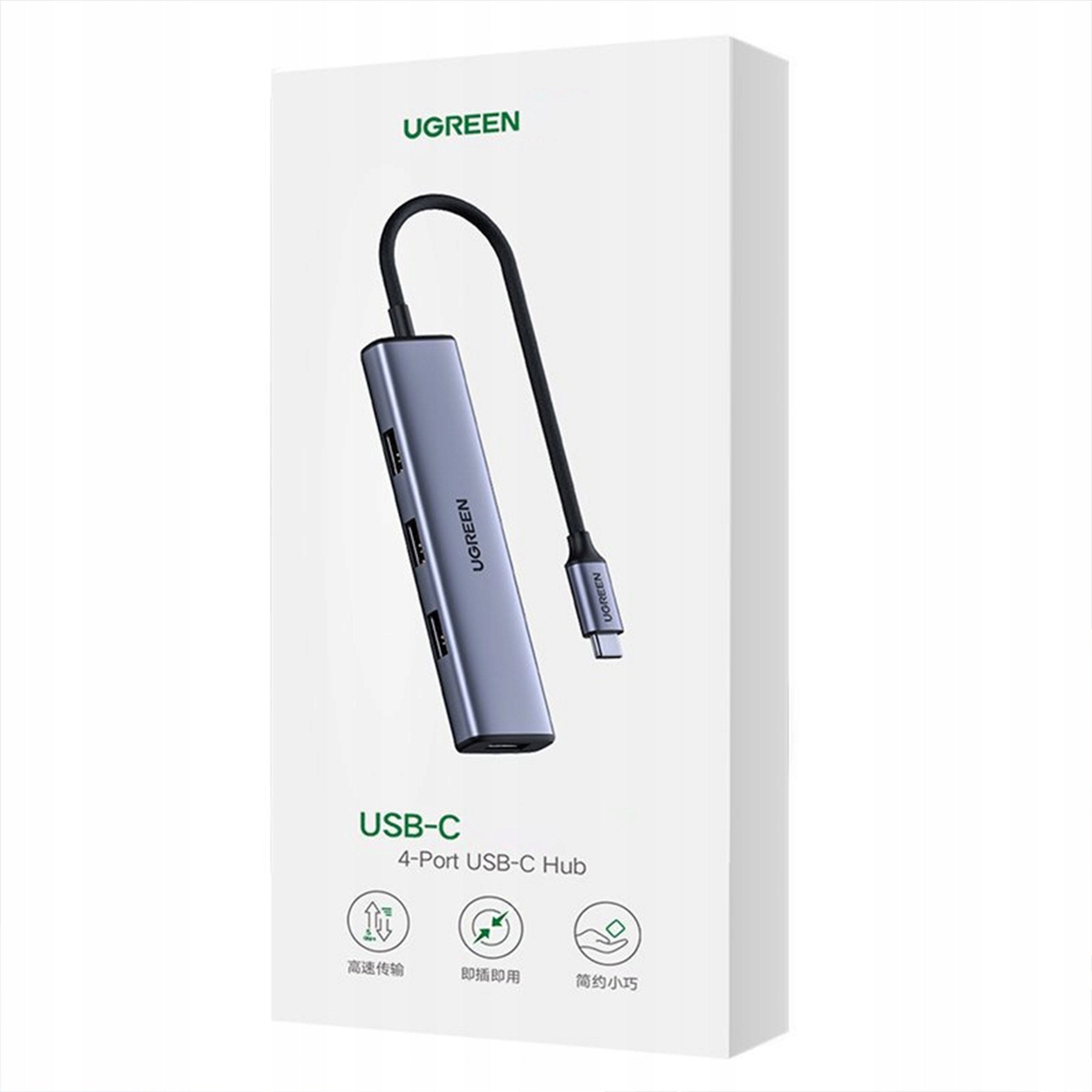 Ugreen USB-C hub w białym pudełku, z kablem USB-C.
