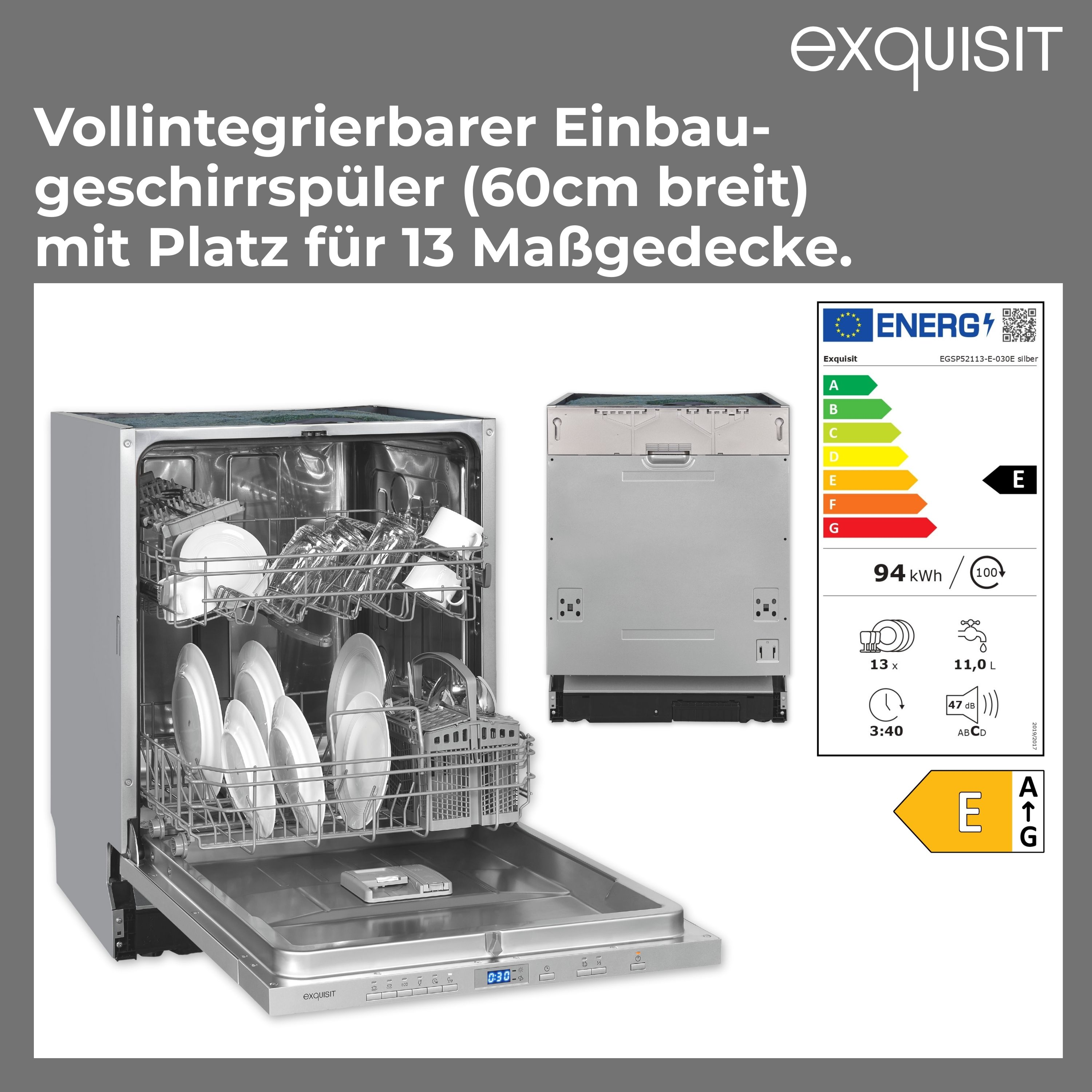 Geschirrspüler mit Geschirr und Energieetikett rechts.