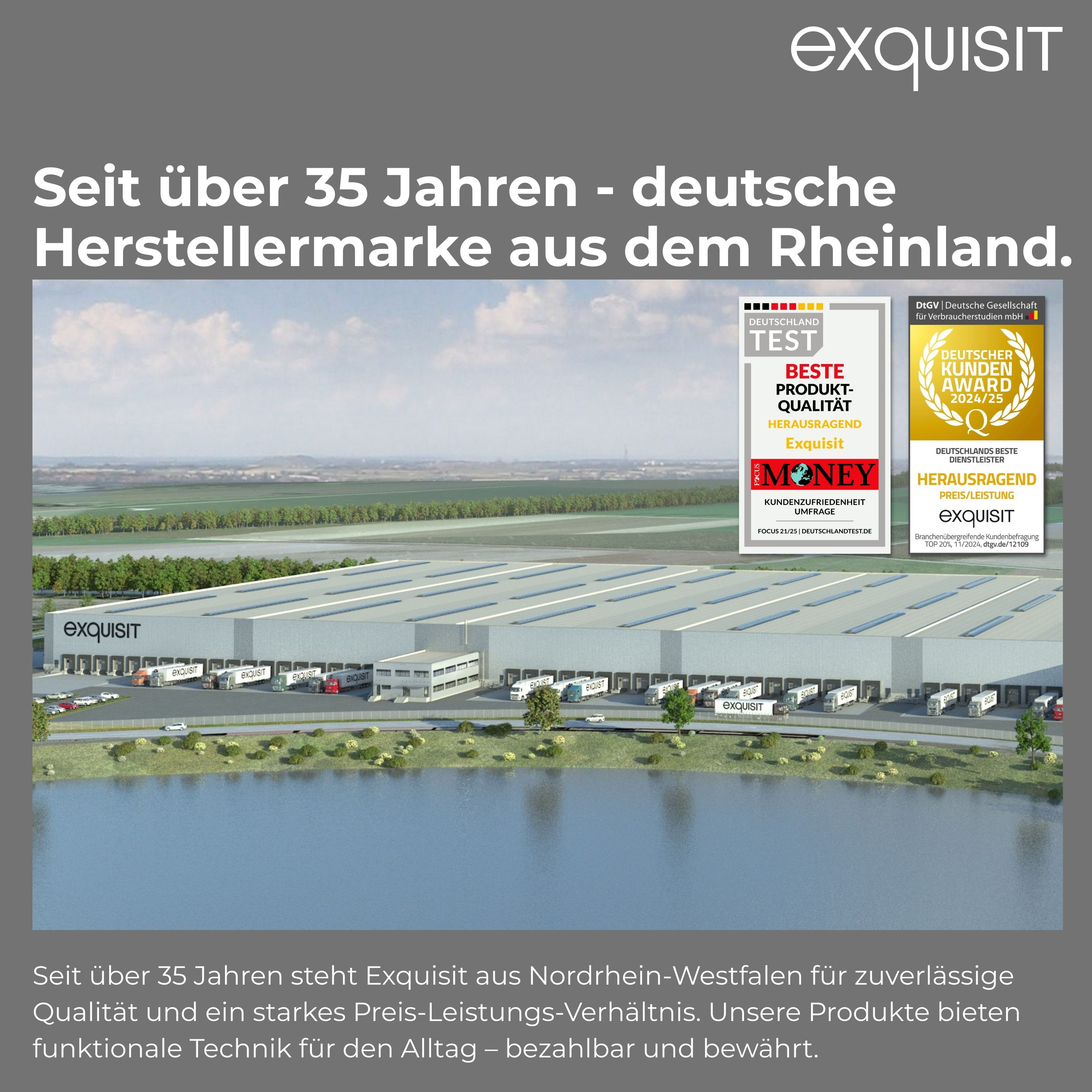 Exquisit-Fabrik mit Auszeichnungen und Text oben und unten.
