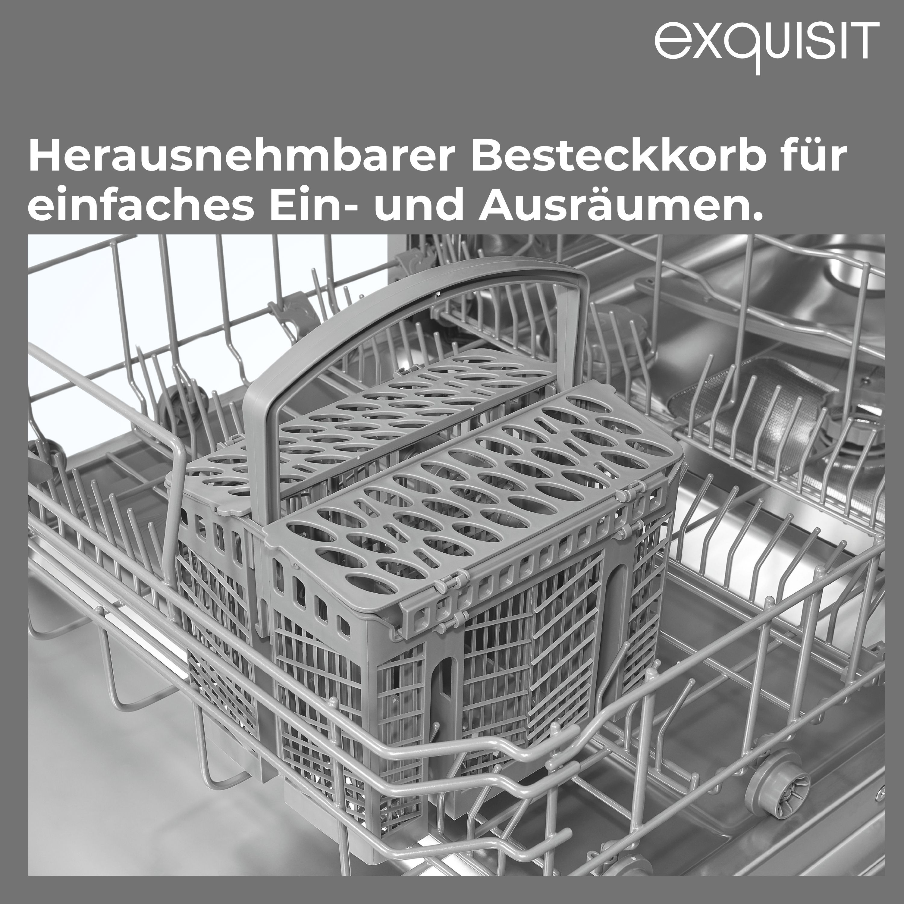 Geschirrspüler-Innenraum mit herausnehmbarem Besteckkorb.