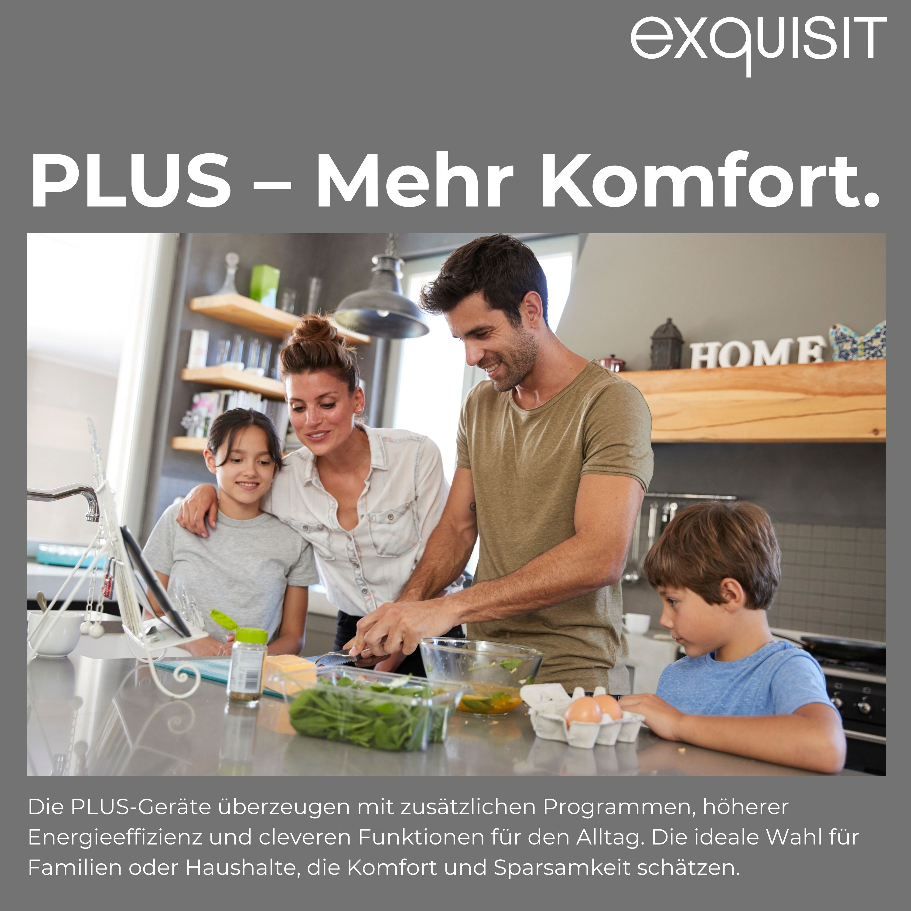 Familie kocht in einer Küche, mit Text oben und unten.