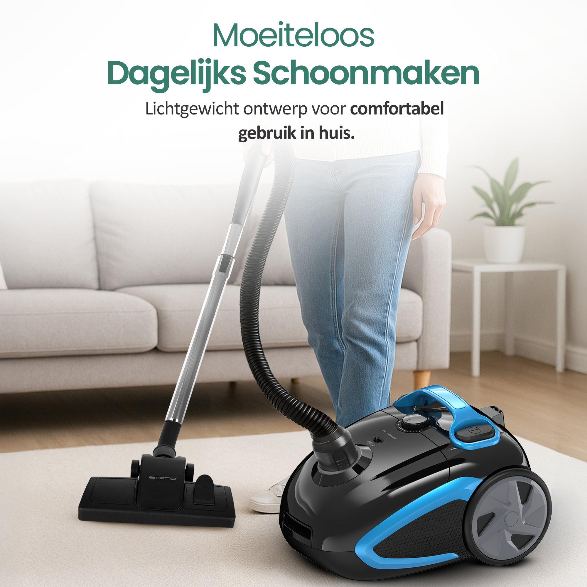 Kobieta odkurza podłogę pokrytą dywanem. Czarny i niebieski odkurzacz na pierwszym planie.