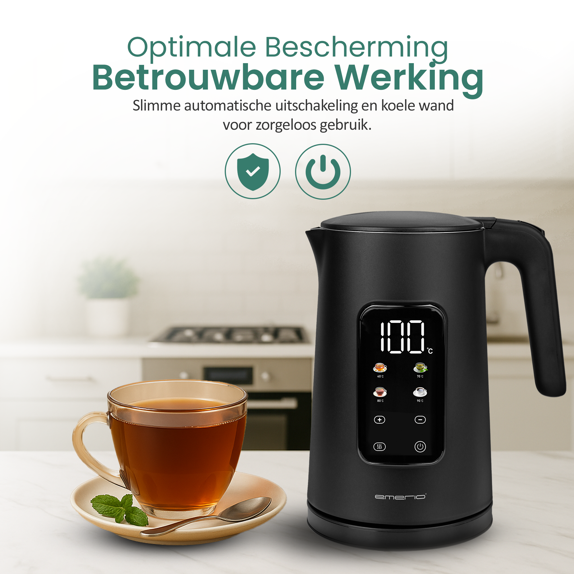 Een zwarte waterkoker met een digitaal display en een houten handvat. Twee iconen zijn zichtbaar.