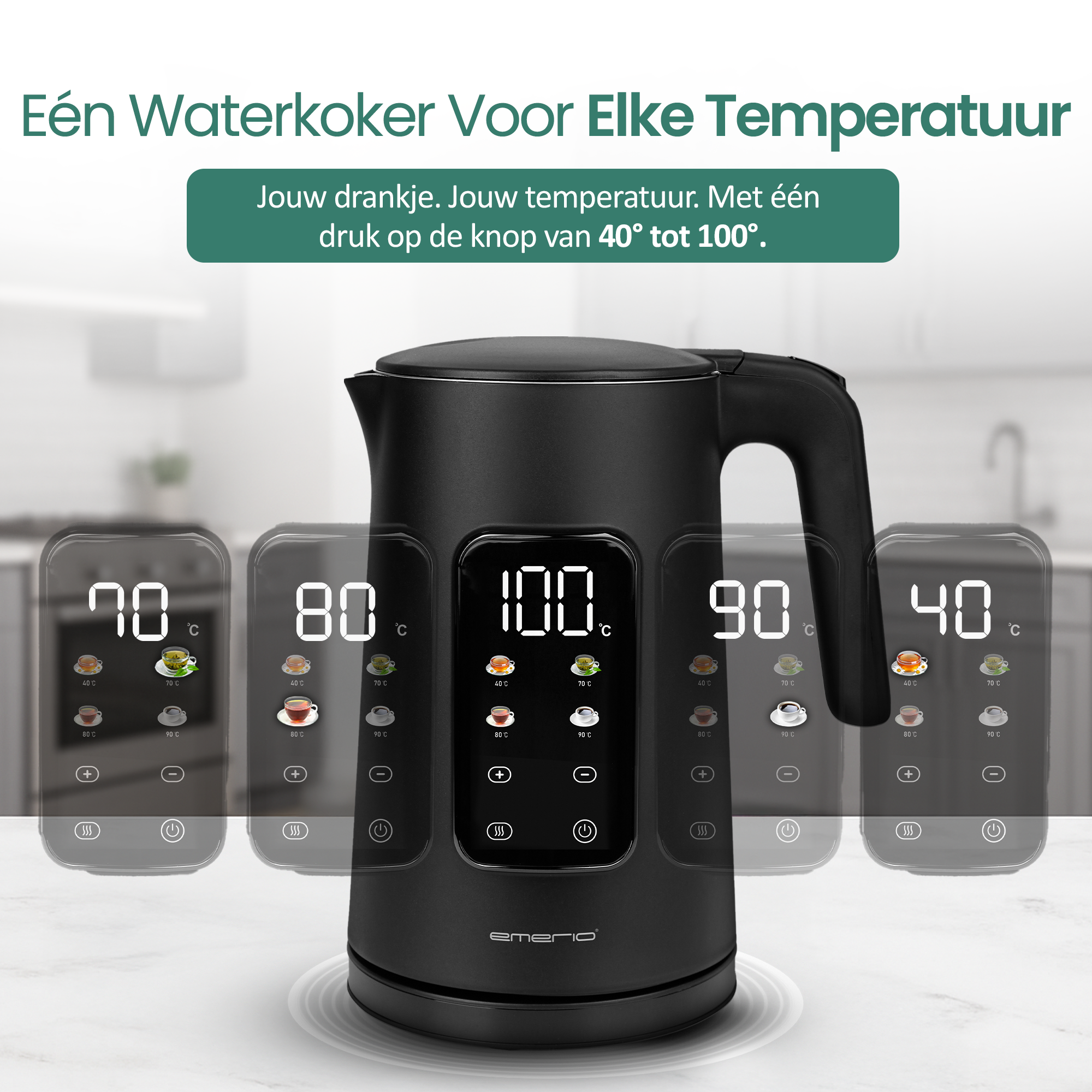 Een zwarte waterkoker met een digitaal display met verschillende temperaturen. Tekst toont verschillende temperaturen.