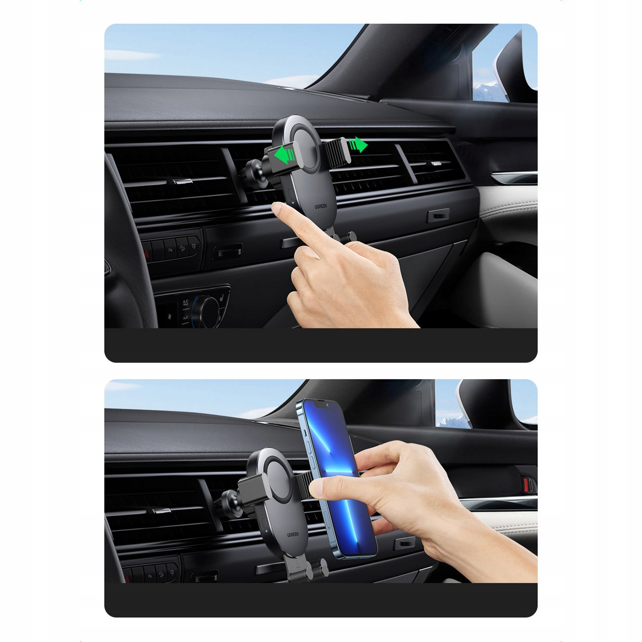 Twee afbeeldingen die een auto-ventilatiehouder tonen. Een hand wordt getoond bij het aanpassen en bevestigen van een telefoon.