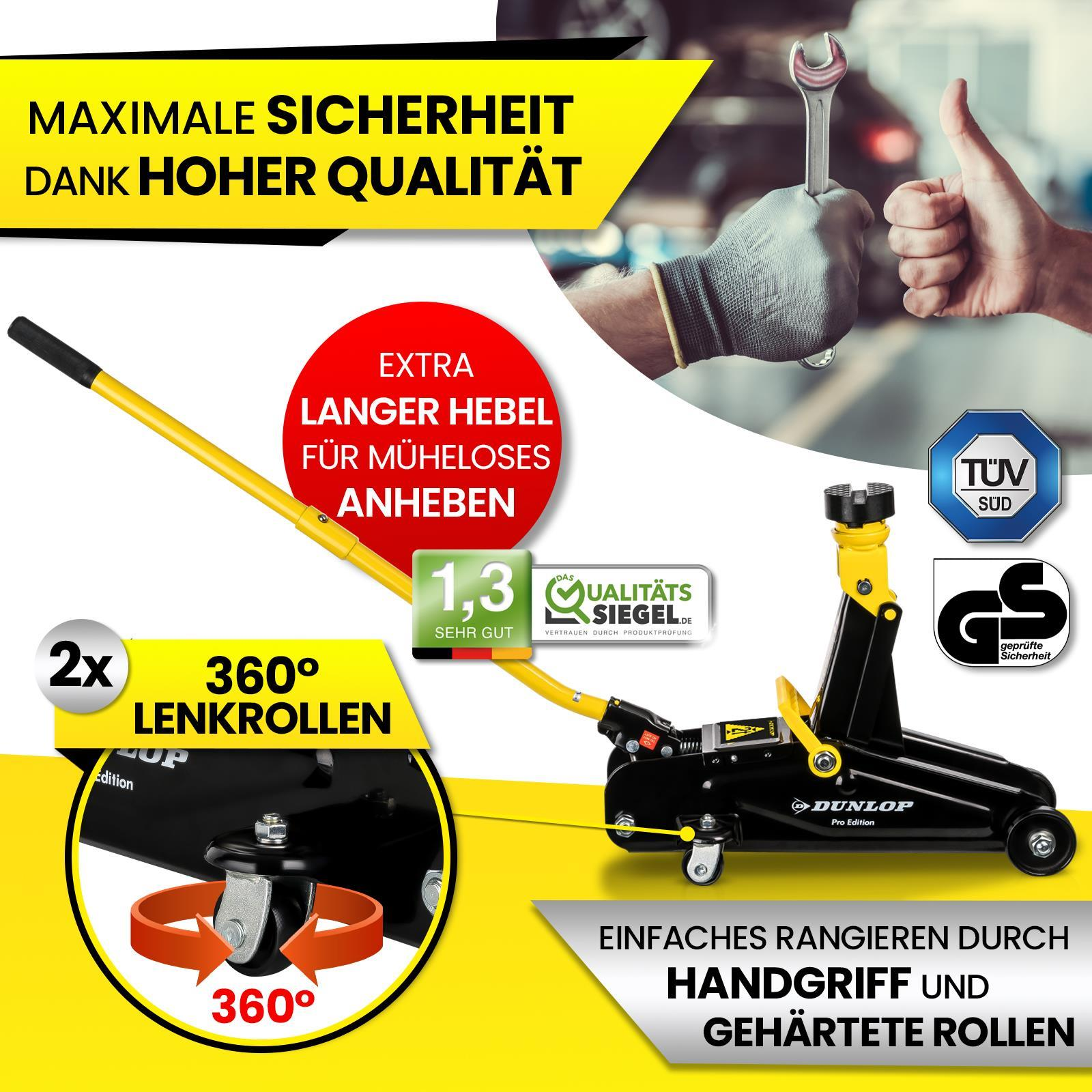 Ein schwarz-gelber Wagenheber mit Schraubenschlüssel und Daumen hoch auf weißem Grund.