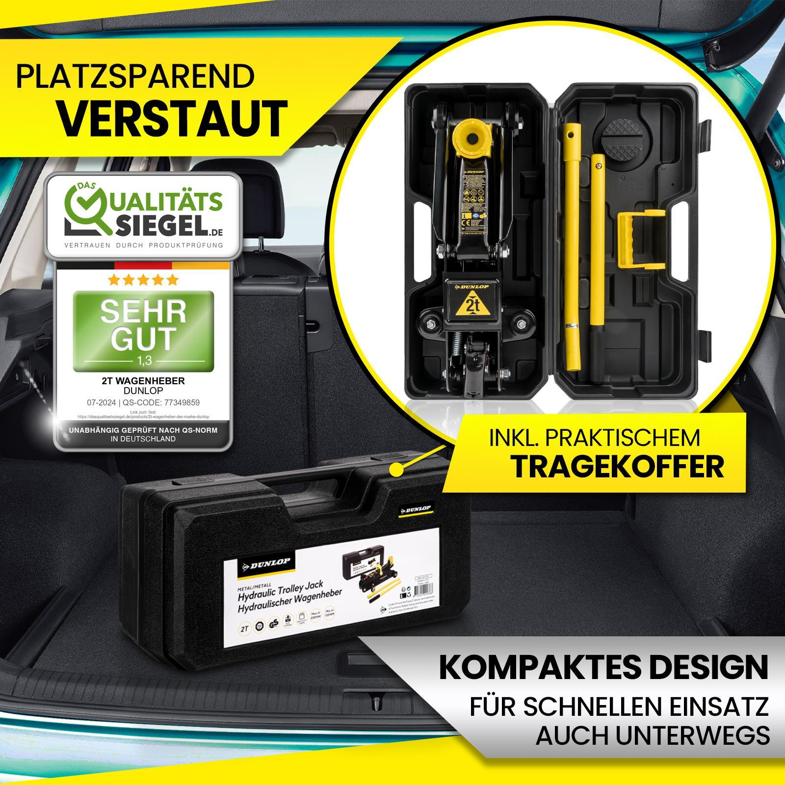 Ein Wagenheber-Kit in einem schwarzen Koffer. Der Wagenheber ist gelb und schwarz.