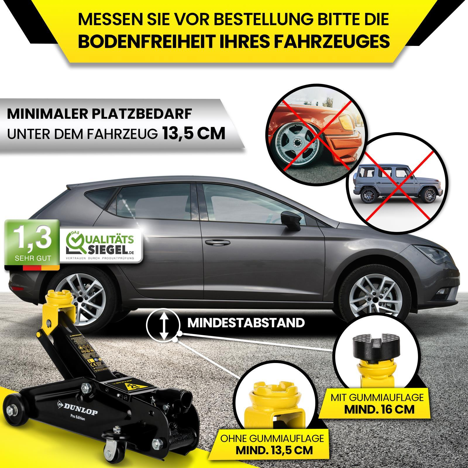 Ein schwarz-gelber Wagenheber neben einem grauen Auto, mit Text und Illustrationen.