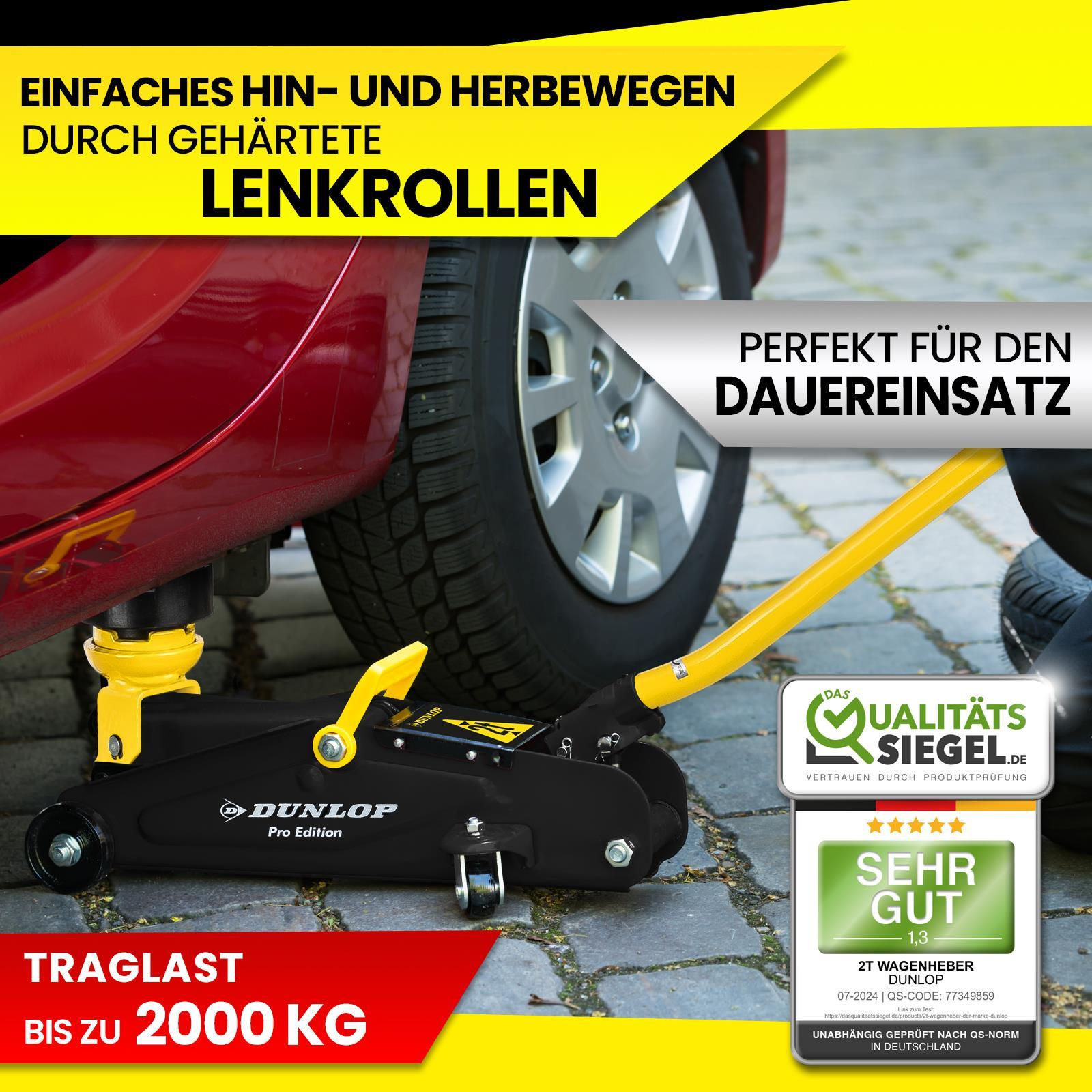 Ein schwarz-gelber Wagenheber hebt ein rotes Auto an, mit Text und Gütesiegel.