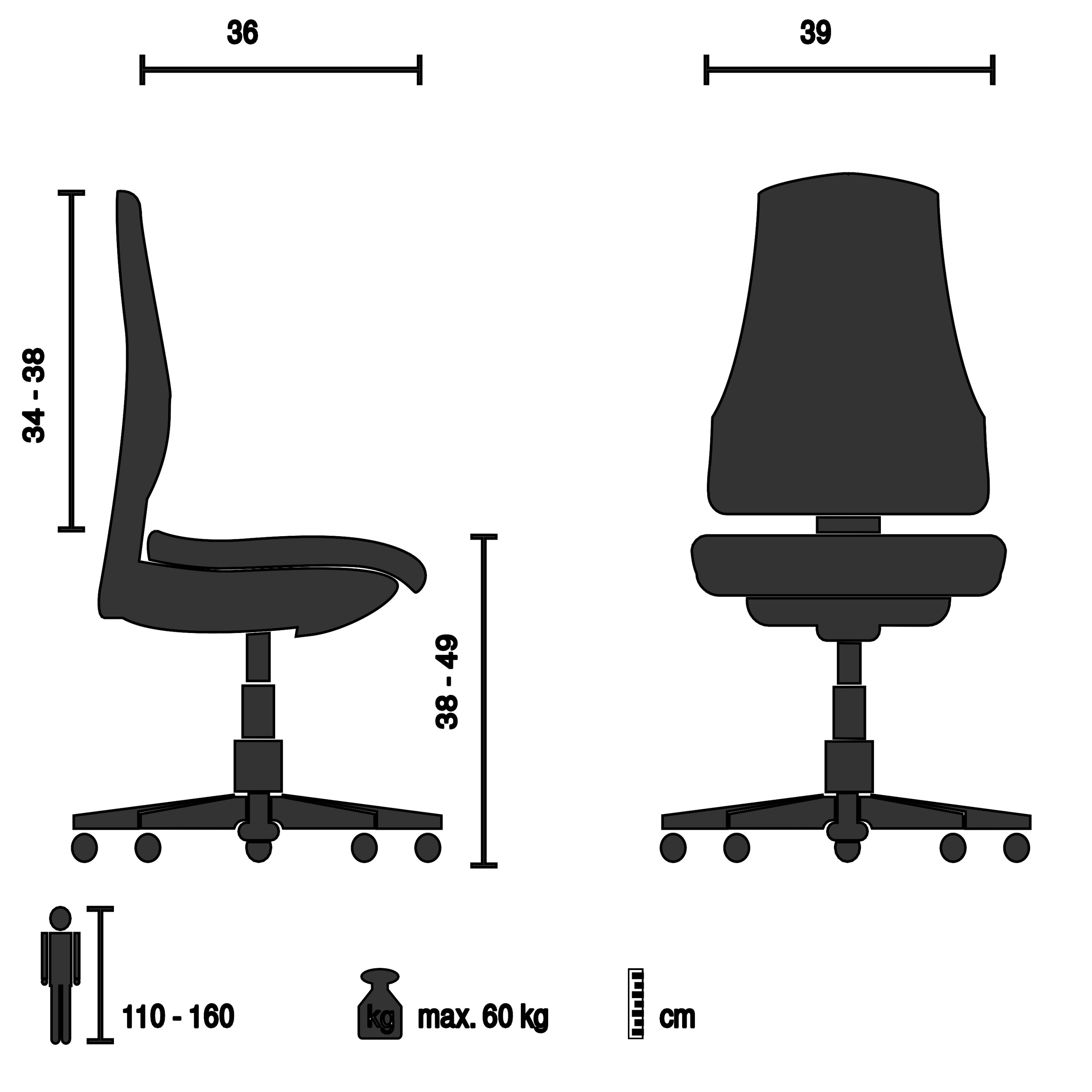 Eine Illustration eines Bürostuhls mit Maßen und einer Personensilhouette.