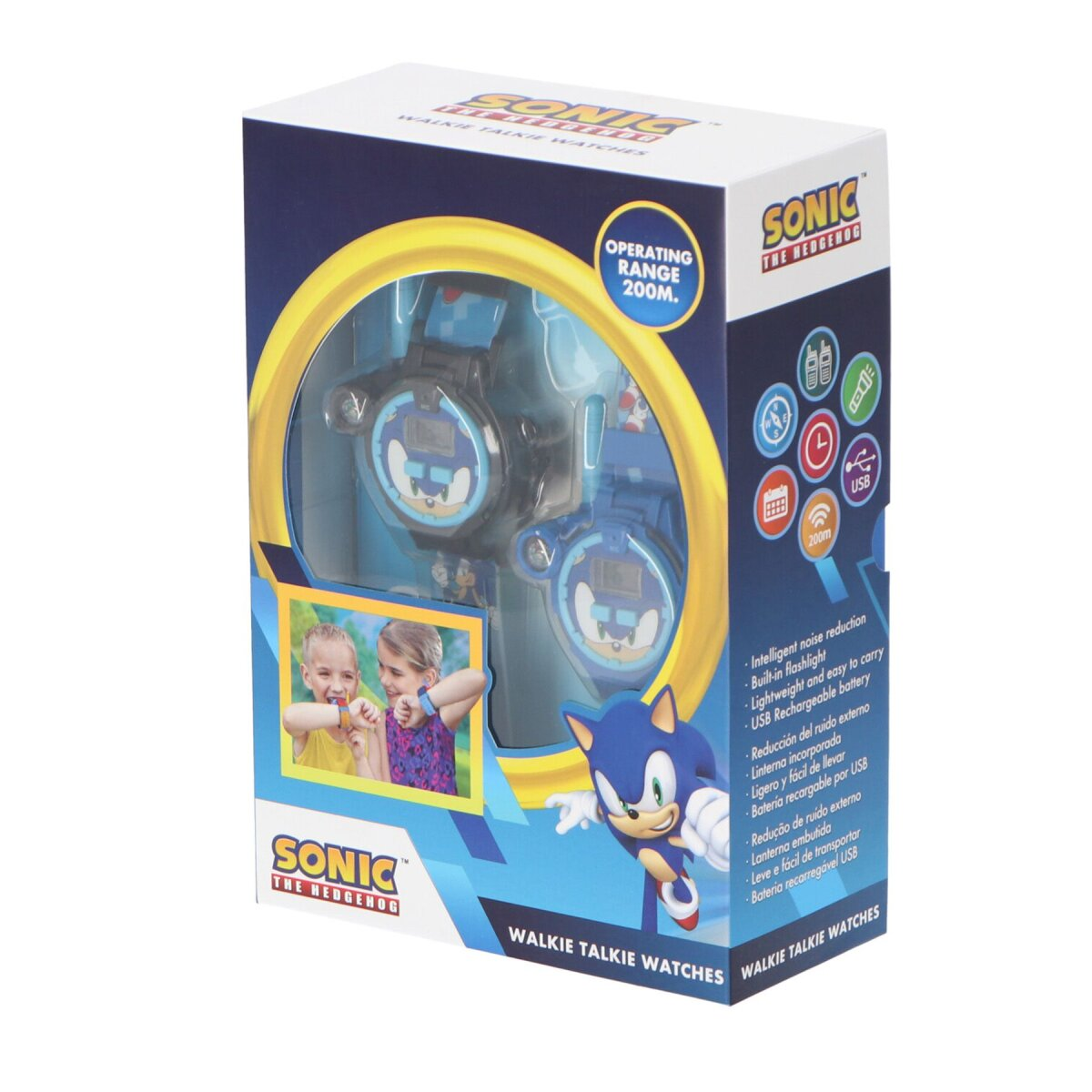 Schachtel mit 'Sonic the Hedgehog' Walkie-Talkies. Die Box ist blau.