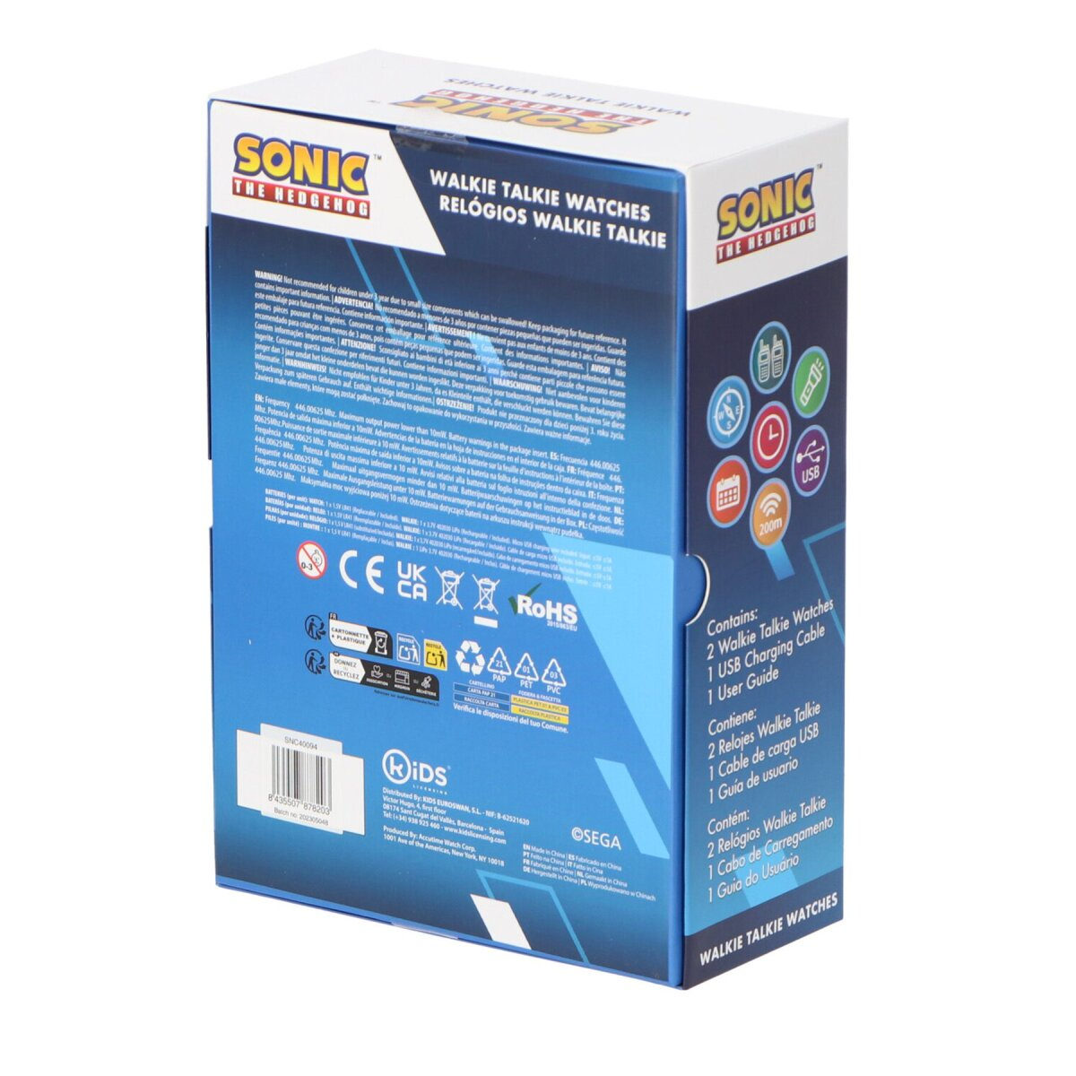 Schachtel mit 'Sonic the Hedgehog'-Figuren, Text und Produktinformationen.