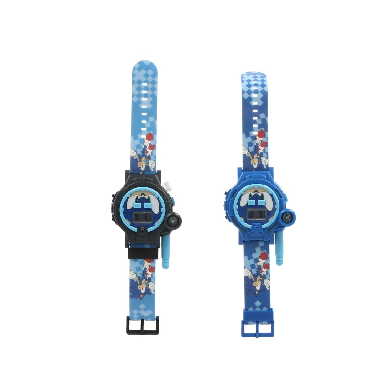 Zwei blaue Digitaluhren im Sonic-Design mit Schachbrettmuster-Armbändern.
