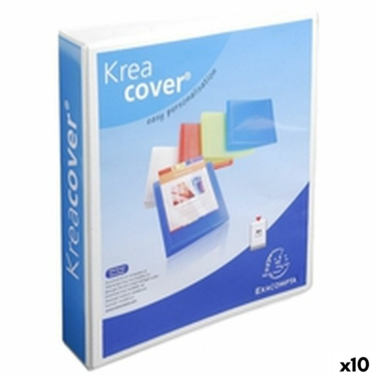 Ein weißer Ordner mit blauem Umschlag, beschriftet mit 'Kreacover' und 'Exacompta'.