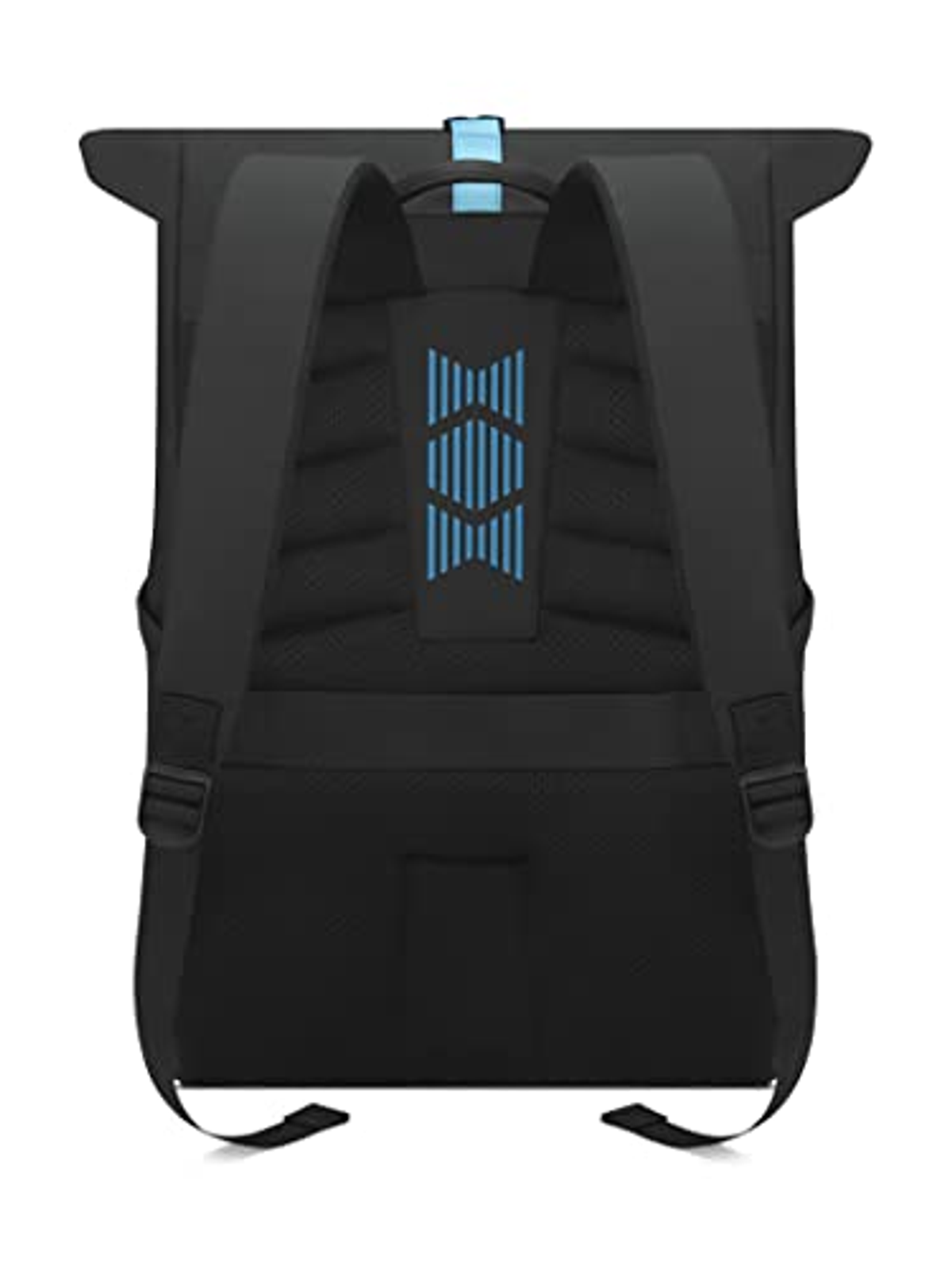 Una mochila negra desde atrás, con dos correas y diseño azul en la espalda.