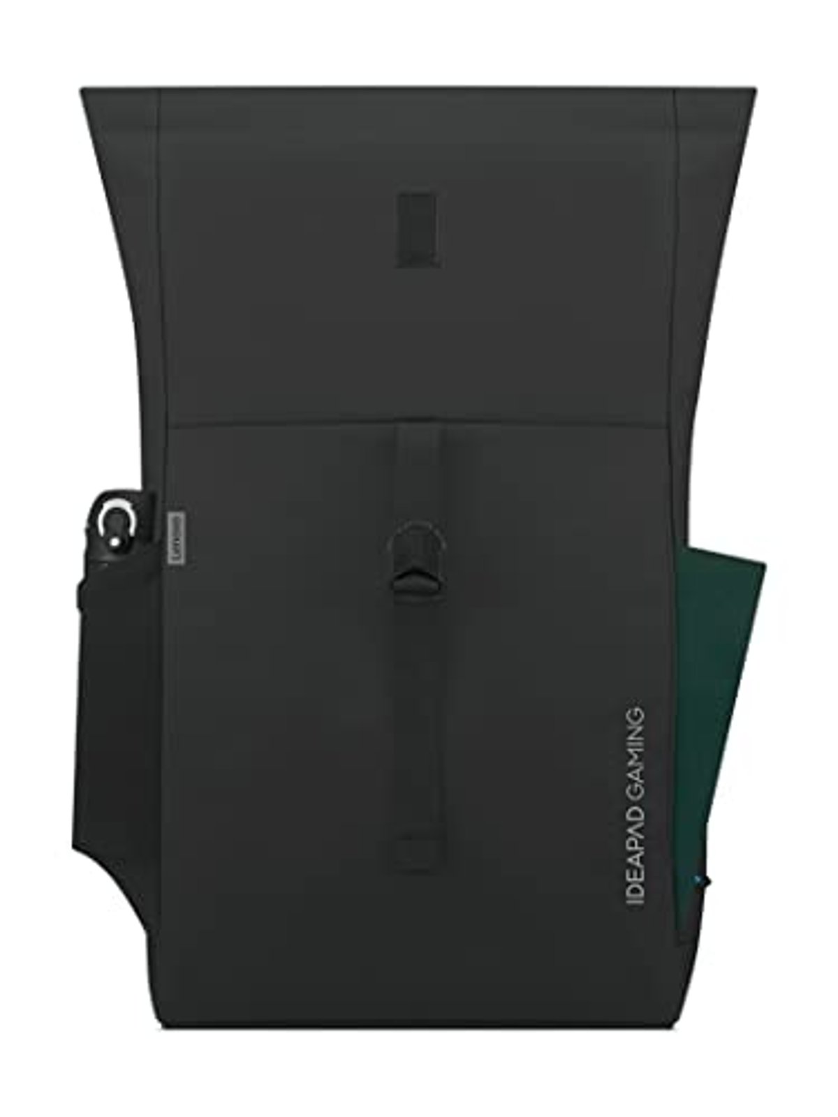 Mochila negra con solapa abierta. Tiene un bolsillo lateral y las palabras IDEAPAD GAMING.