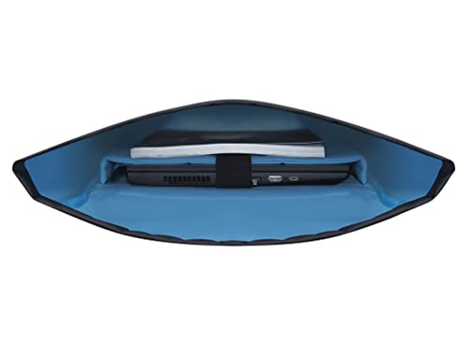 Funda azul para portátil abierta, revelando un portátil y un cuaderno dentro.