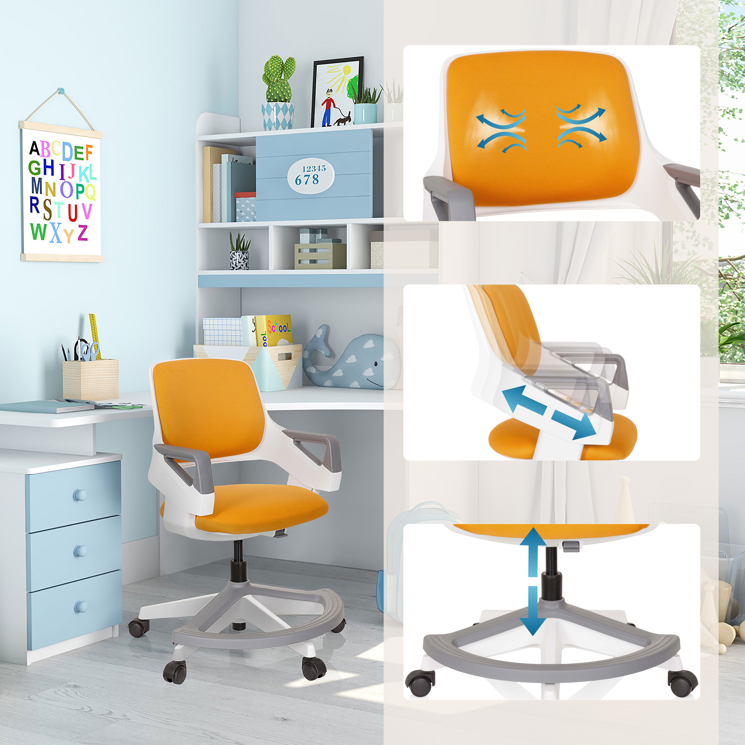 Ein Bürostuhl mit orangefarbenem Sitz und weißen Armlehnen und Rückenlehne in einem Raum.