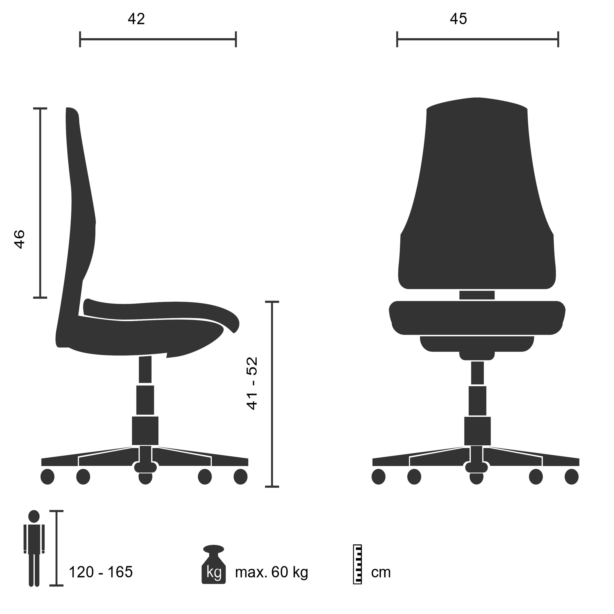 Silhouettenzeichnung eines Bürostuhls mit Abmessungen, menschlicher Figur und Gewichtskapazität.
